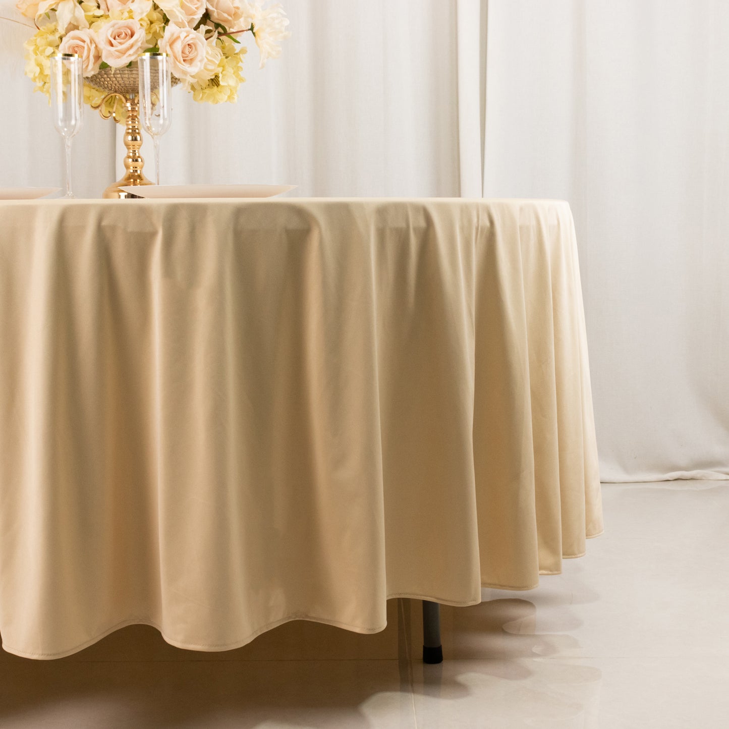 108" Beige Premium Scuba Round Tablecloth, Wrinkle Free Polyester Tablecloth