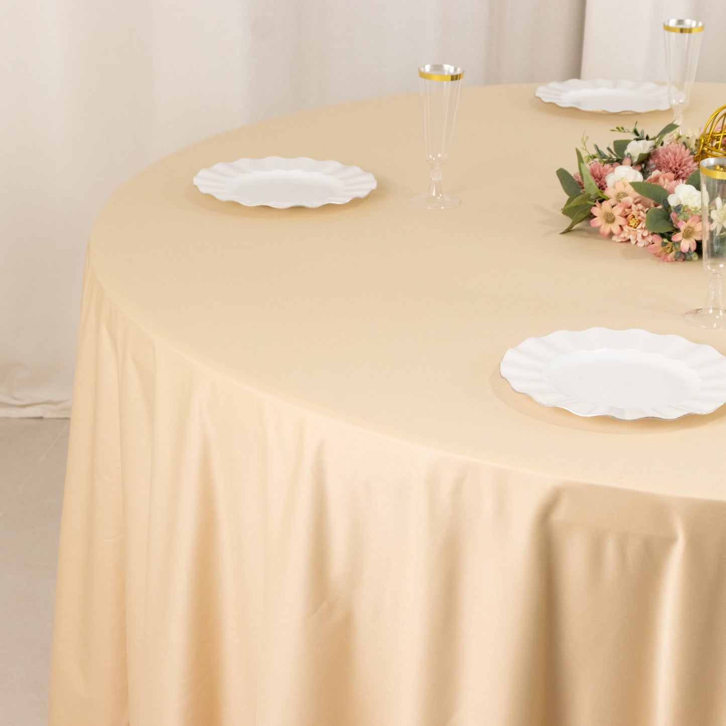 108" Beige Premium Scuba Round Tablecloth, Wrinkle Free Polyester Tablecloth