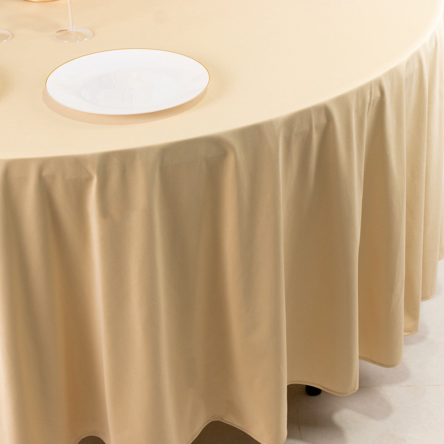 108" Beige Premium Scuba Round Tablecloth, Wrinkle Free Polyester Tablecloth