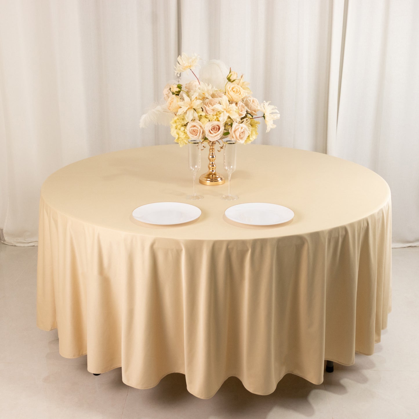 108" Beige Premium Scuba Round Tablecloth, Wrinkle Free Polyester Tablecloth