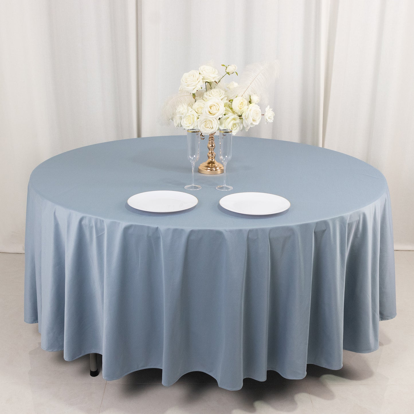 108" Dusty Blue Premium Scuba Round Tablecloth, Wrinkle Free Polyester Tablecloth