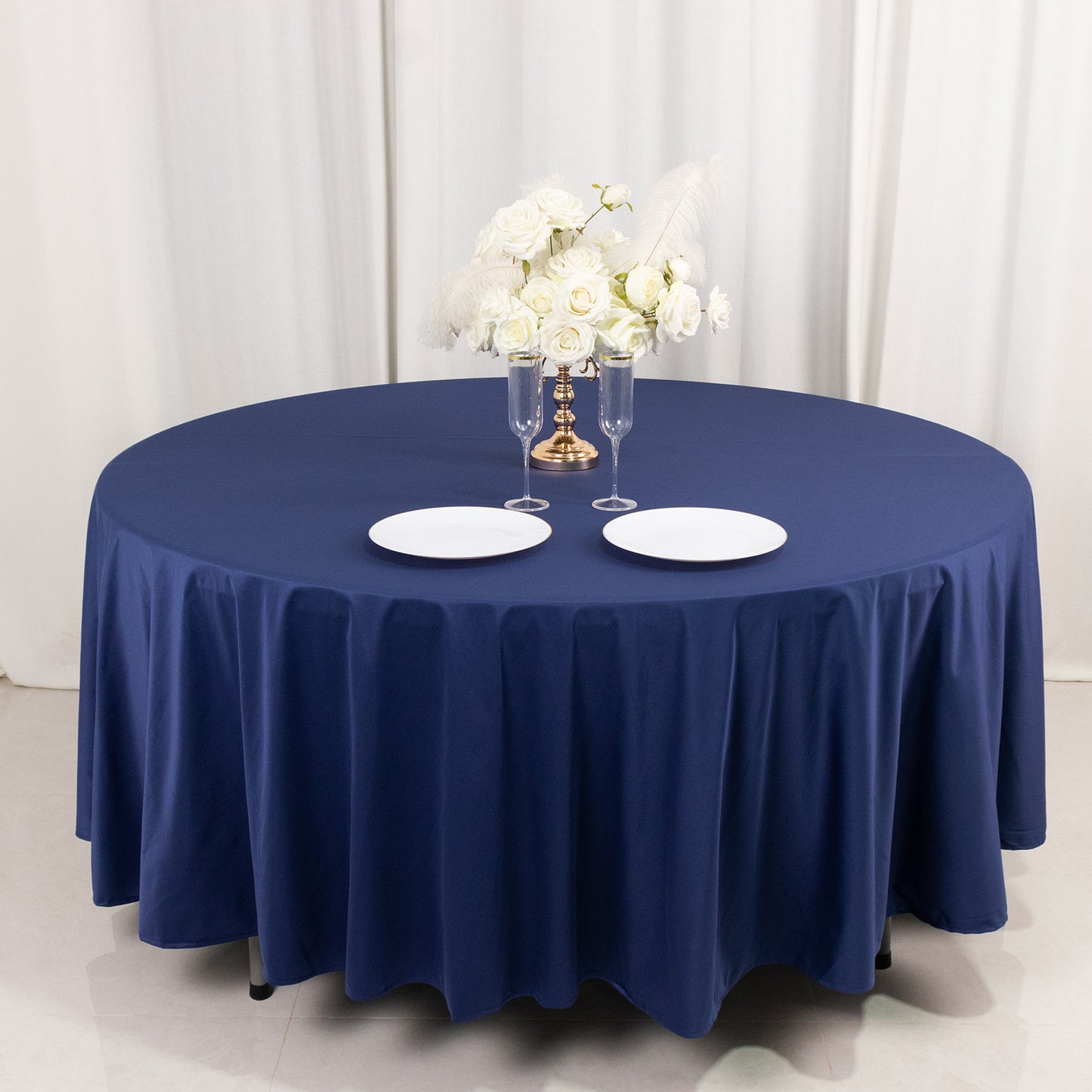 108" Navy Blue Premium Scuba Round Tablecloth, Wrinkle Free Polyester Tablecloth