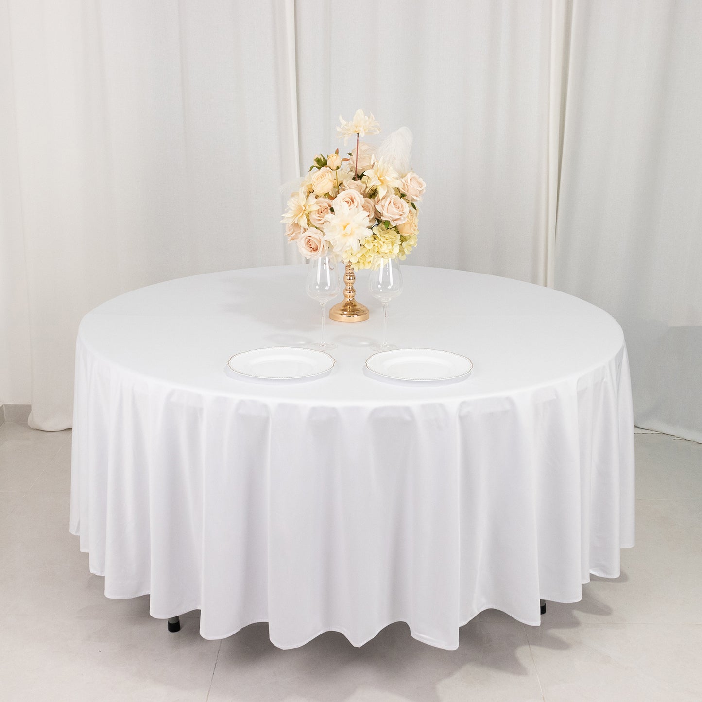 108" White Premium Scuba Round Tablecloth, Wrinkle Free Polyester Tablecloth