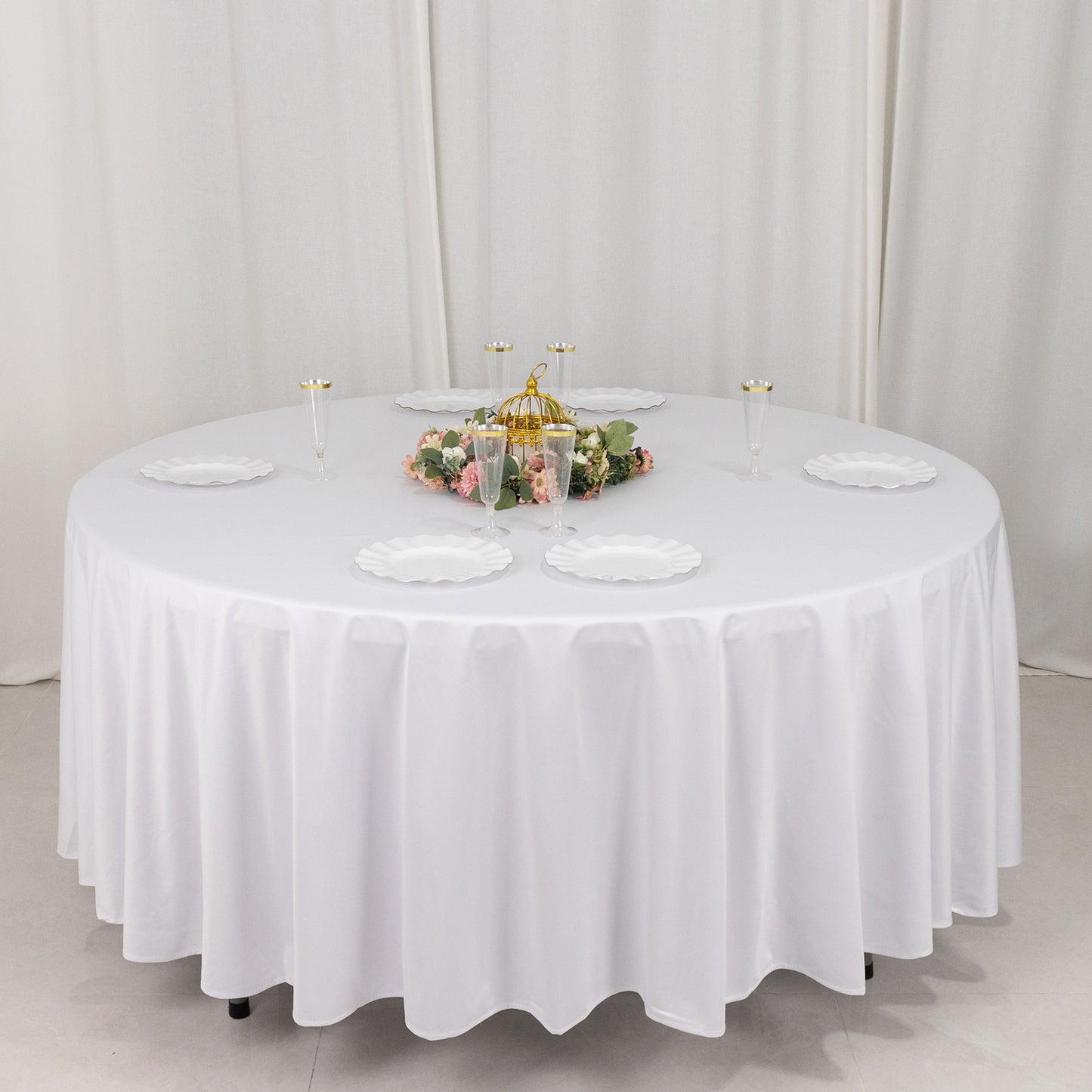 108" White Premium Scuba Round Tablecloth, Wrinkle Free Polyester Tablecloth