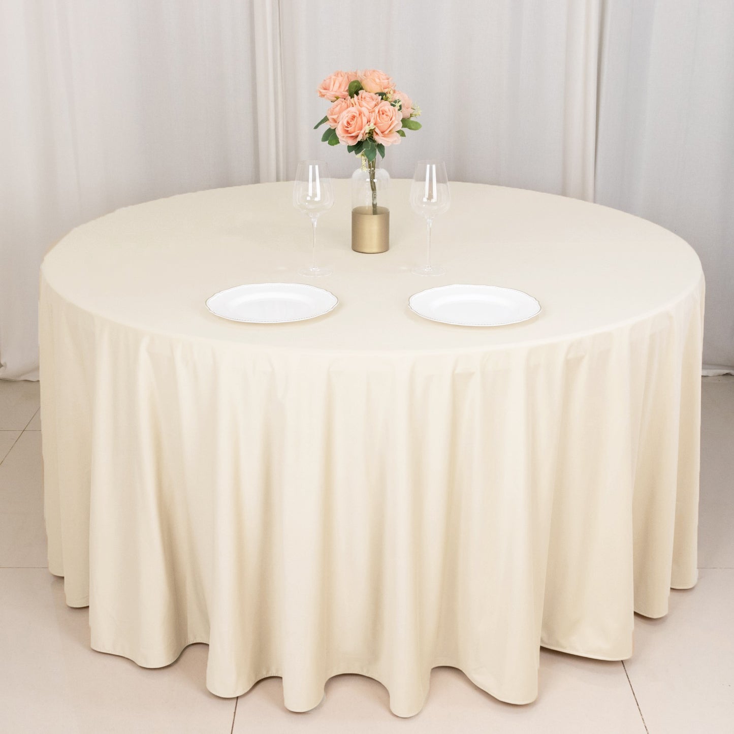 120" Beige Scuba Wrinkle Free Round Tablecloth, Seamless Scuba Polyester Tablecloth