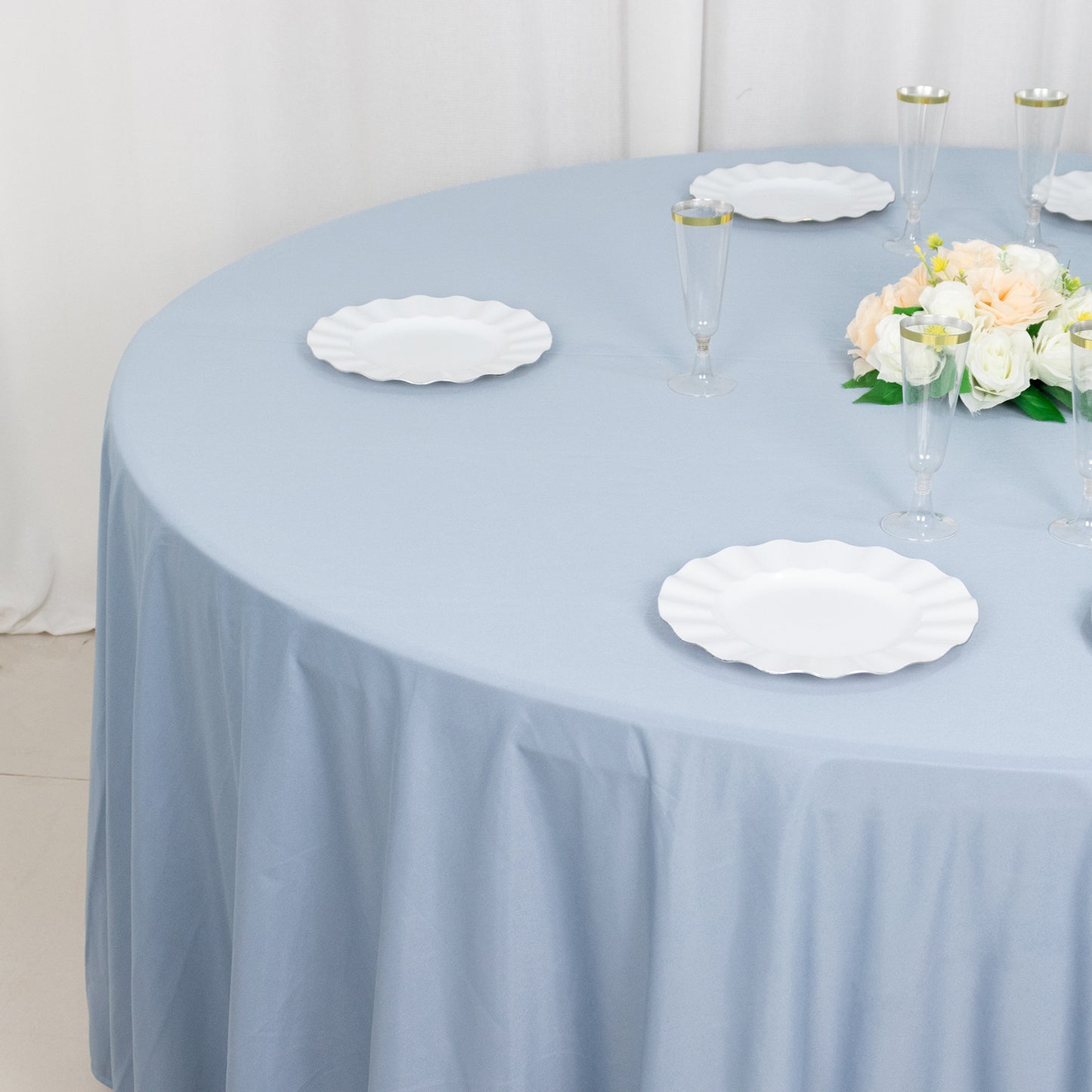 120" Dusty Blue Premium Scuba Wrinkle Free Round Tablecloth, Seamless Scuba Polyester Tablecloth