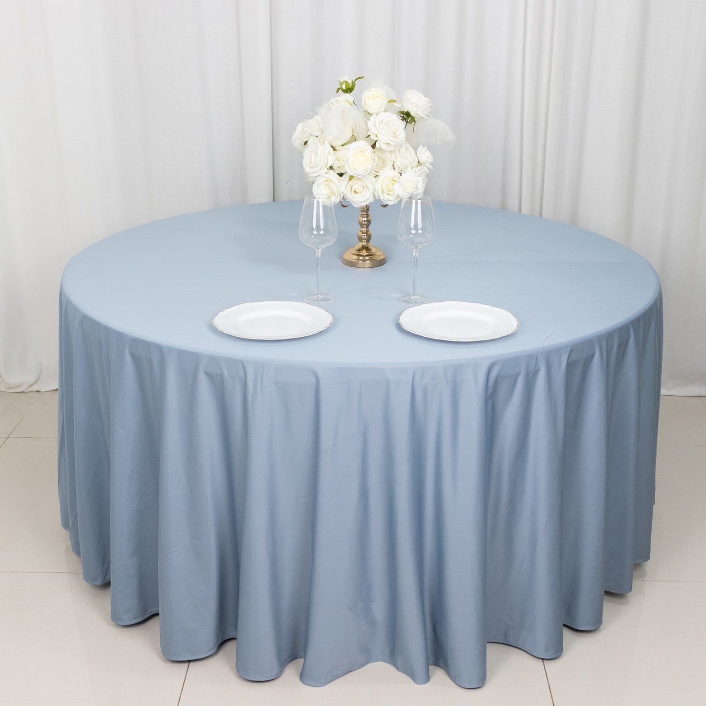 120" Dusty Blue Premium Scuba Wrinkle Free Round Tablecloth, Seamless Scuba Polyester Tablecloth