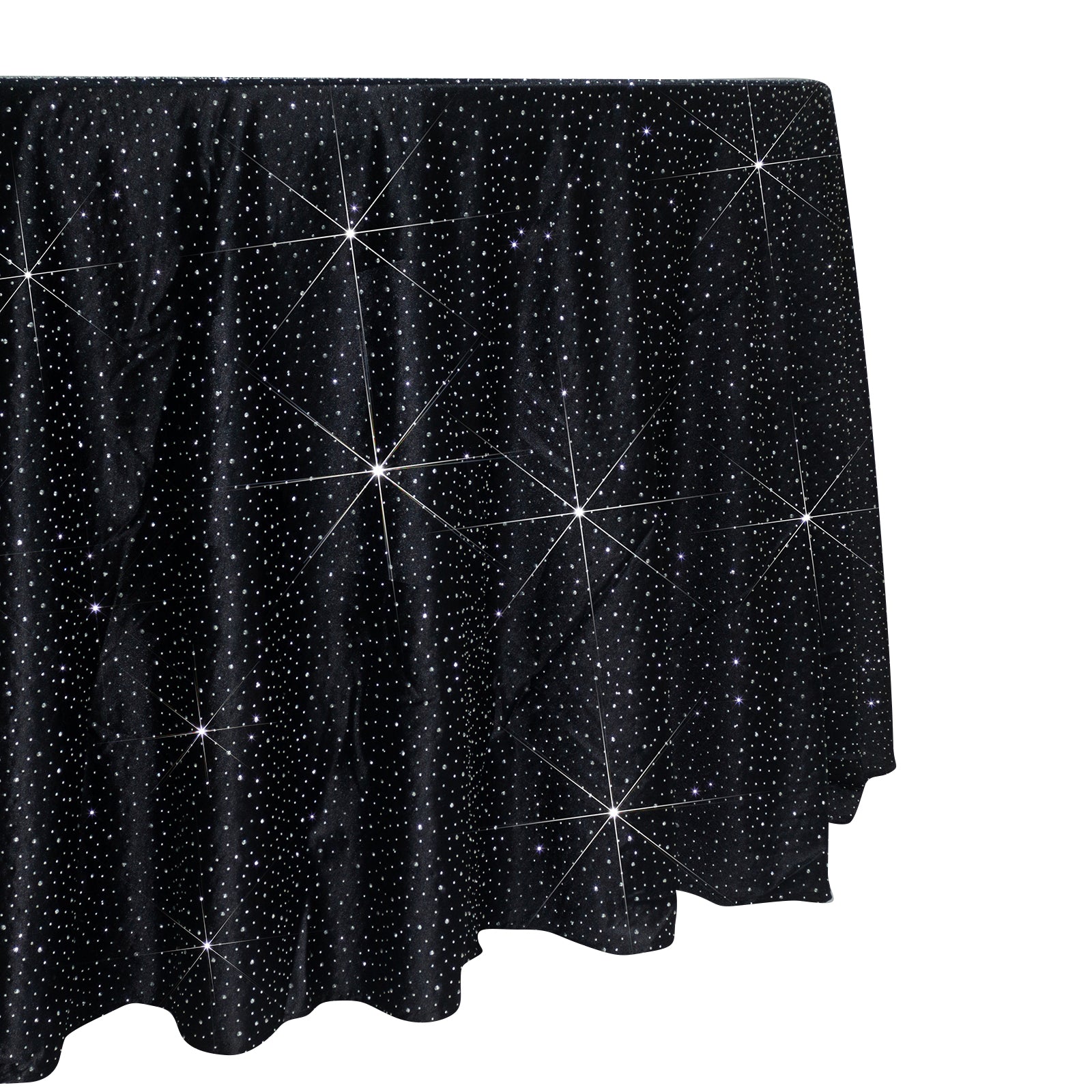 Black round tablecloth with rhinestone accents, seamless and wrinkle-free.