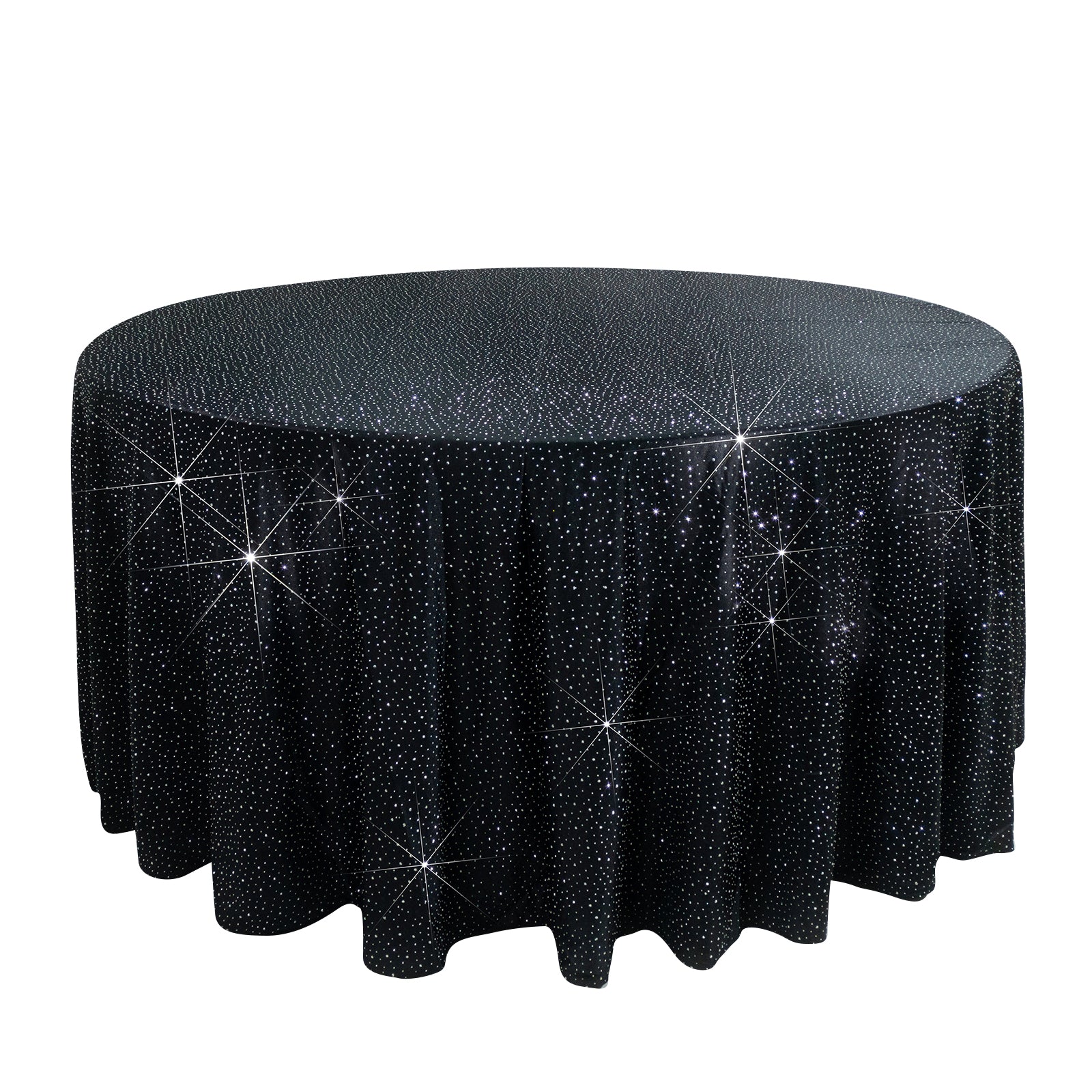 Black round tablecloth with rhinestone accents, seamless and wrinkle-free.