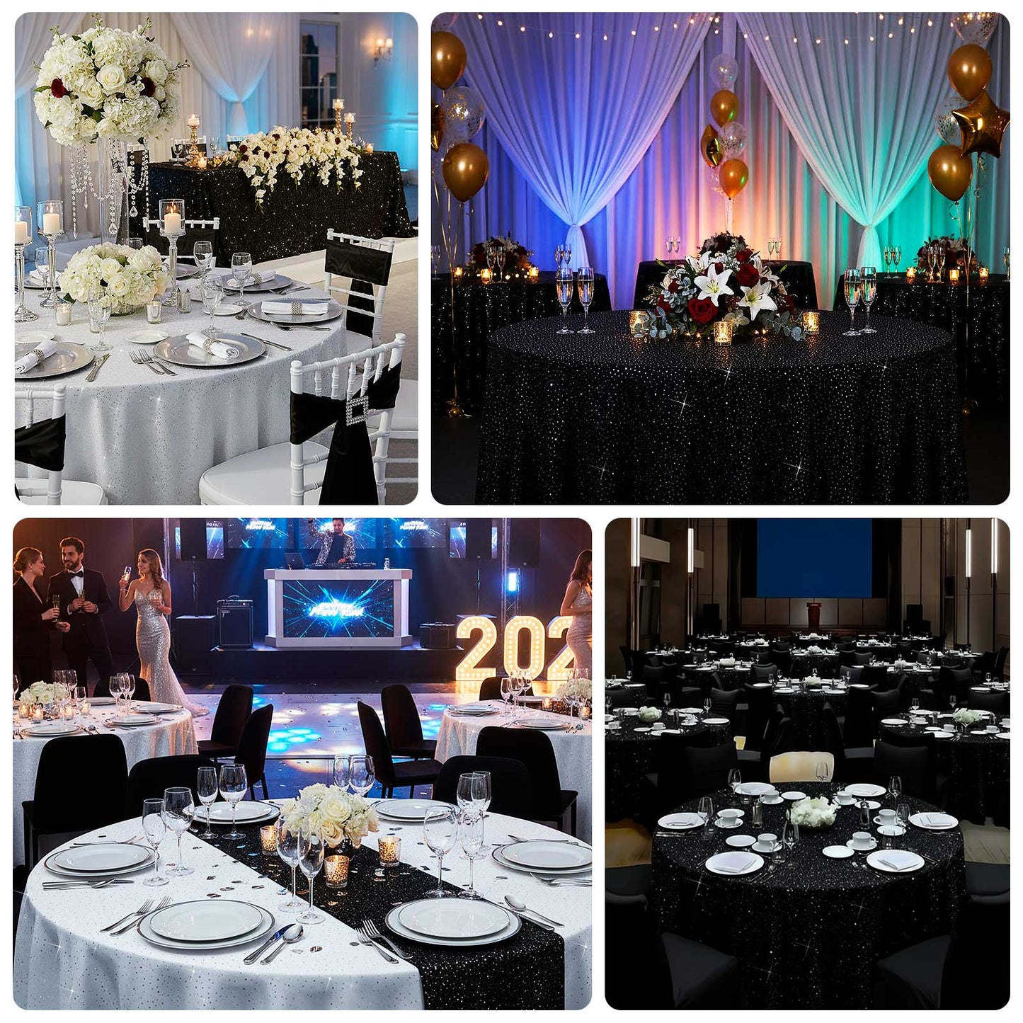 White round tablecloth with rhinestone accents, seamless and stain-resistant.