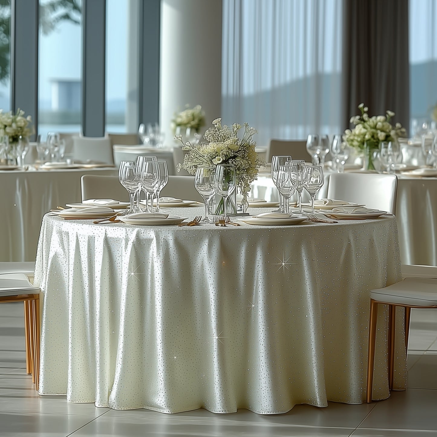 Pearl white round tablecloth with rhinestone accents for elegant events.