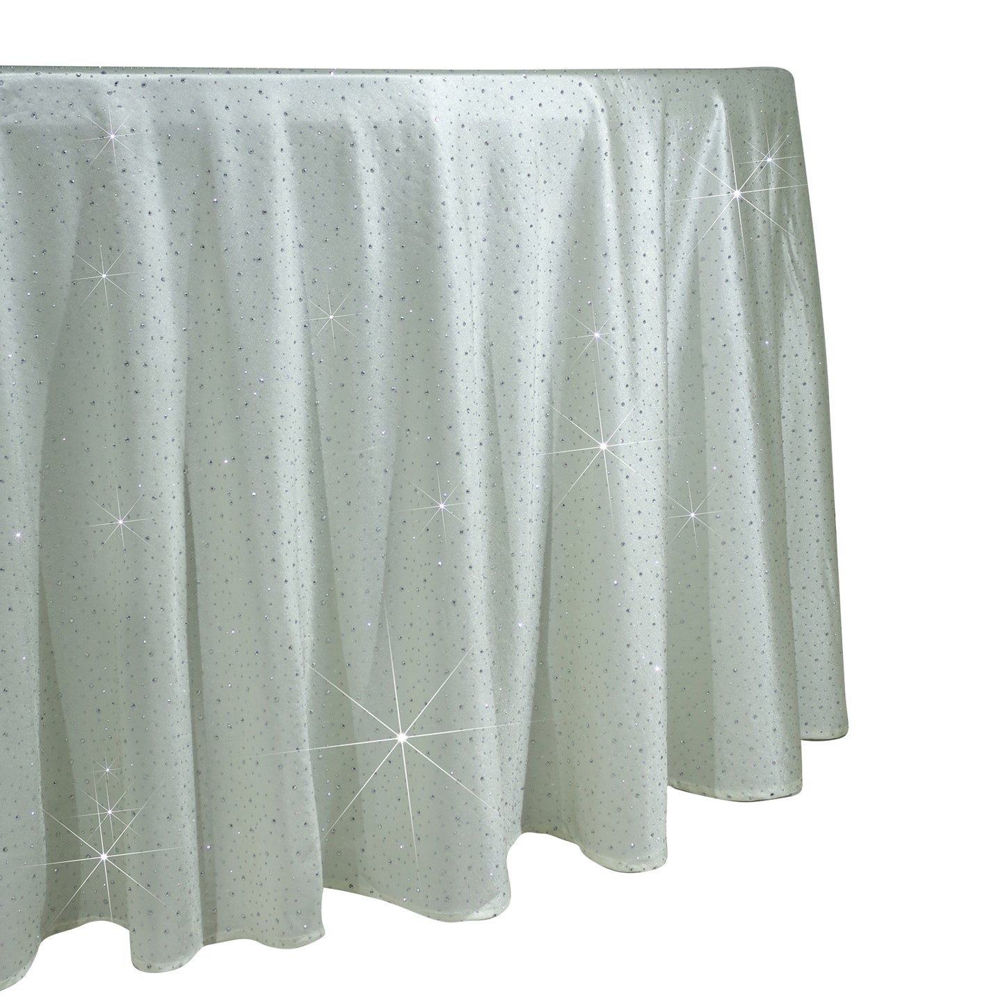 Pearl white round tablecloth with rhinestone accents, seamless and wrinkle-free.