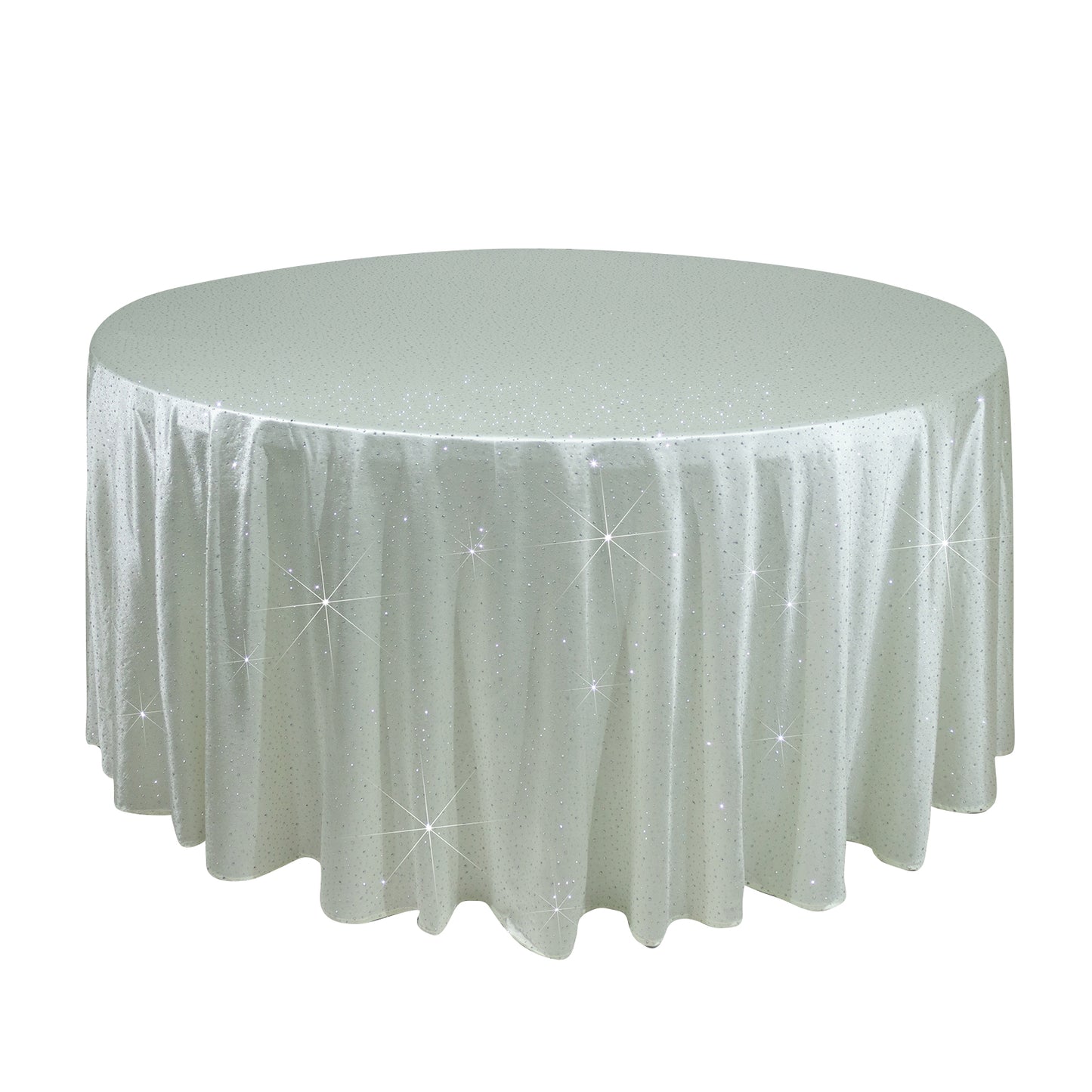 Pearl white round tablecloth with rhinestone accents, seamless and wrinkle-free.