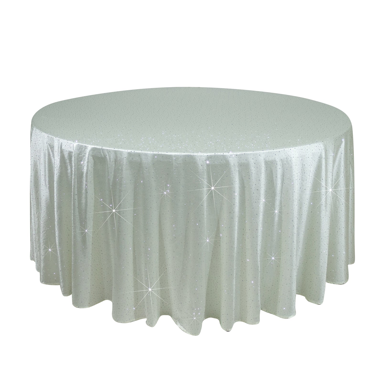 Pearl white round tablecloth with rhinestone accents, seamless and wrinkle-free.