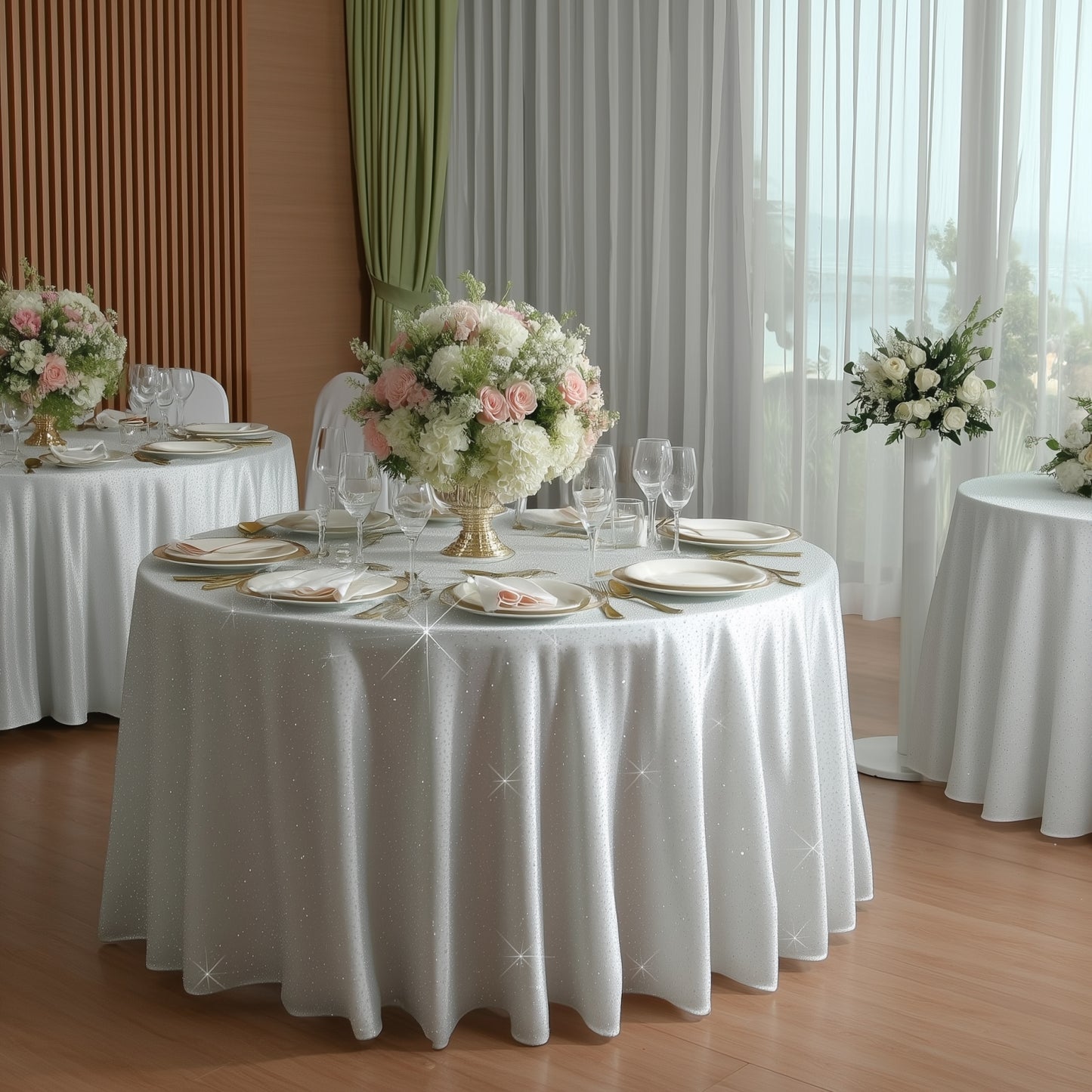 White Scuba Round Tablecloth 120″ with Rhinestone Accents, seamless and stain-resistant.