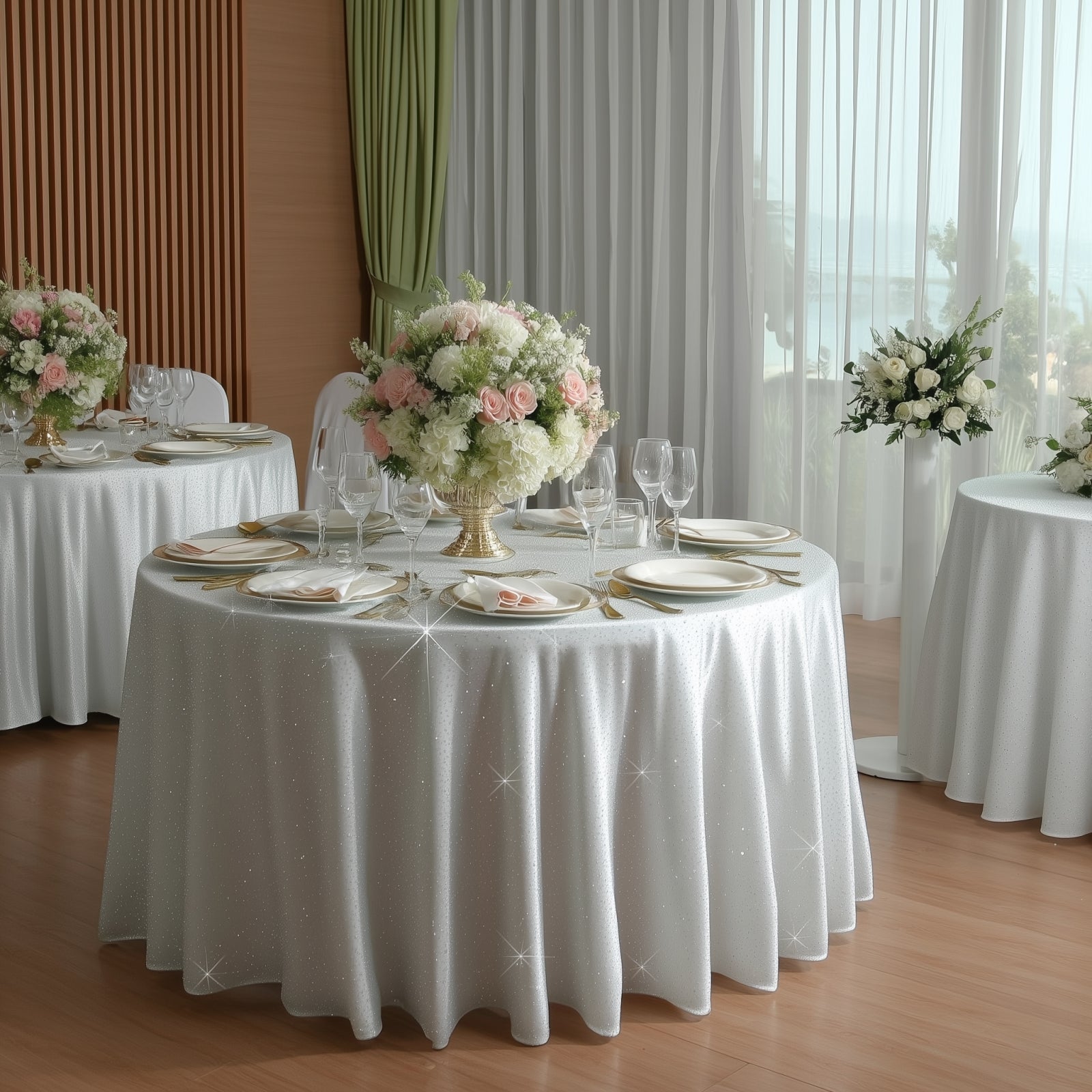 White Scuba Round Tablecloth 120″ with Rhinestone Accents, seamless and stain-resistant.