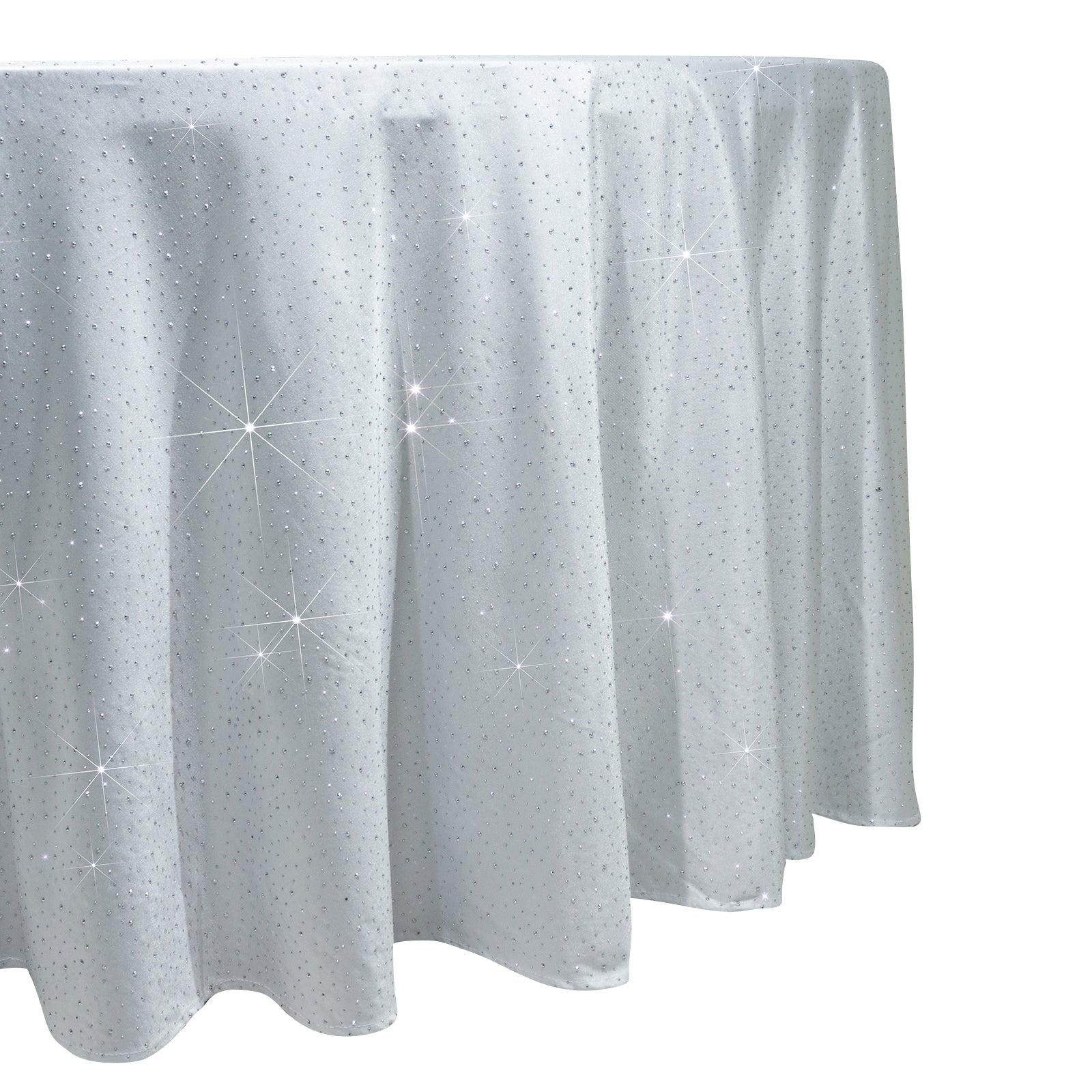 White round tablecloth with rhinestone accents, seamless and wrinkle-free.
