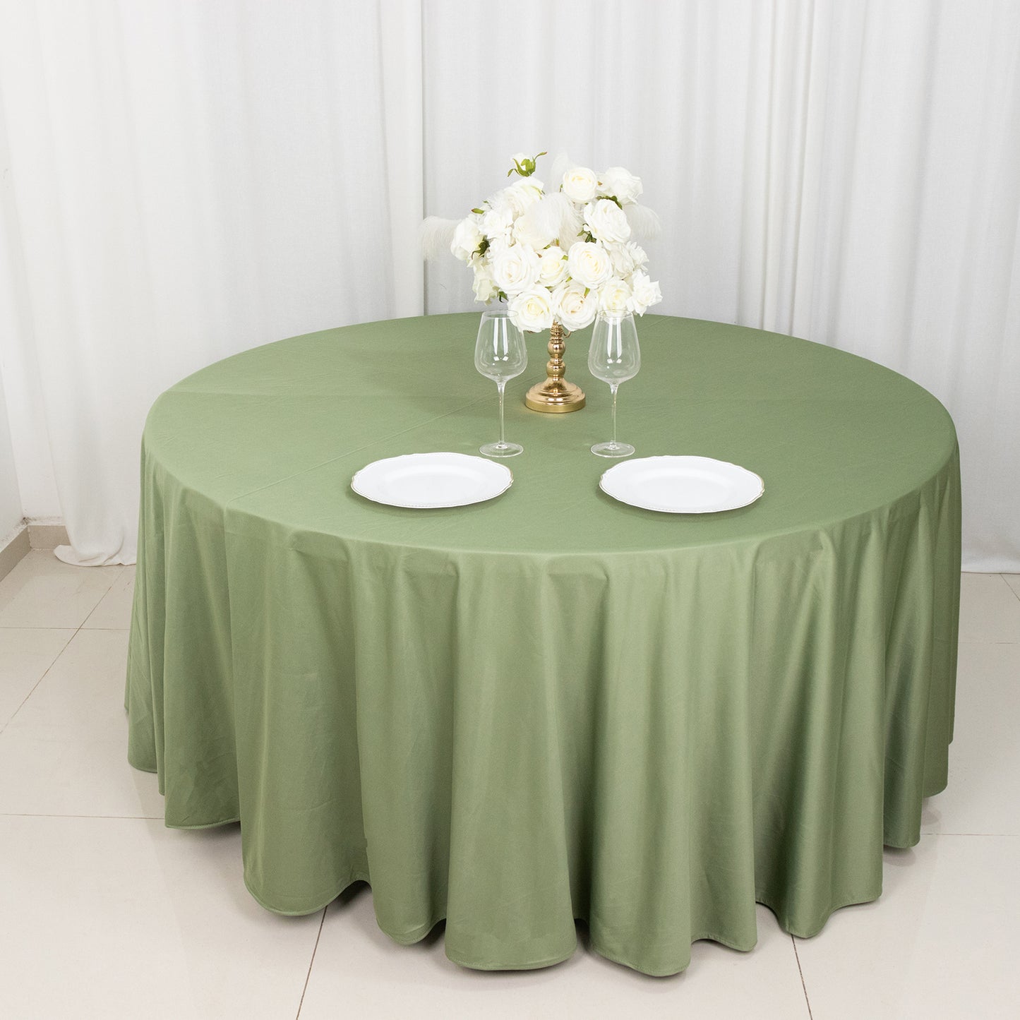 120" Dusty Sage Green Premium Scuba Wrinkle Free Round Tablecloth, Seamless Scuba Polyester Tablecloth