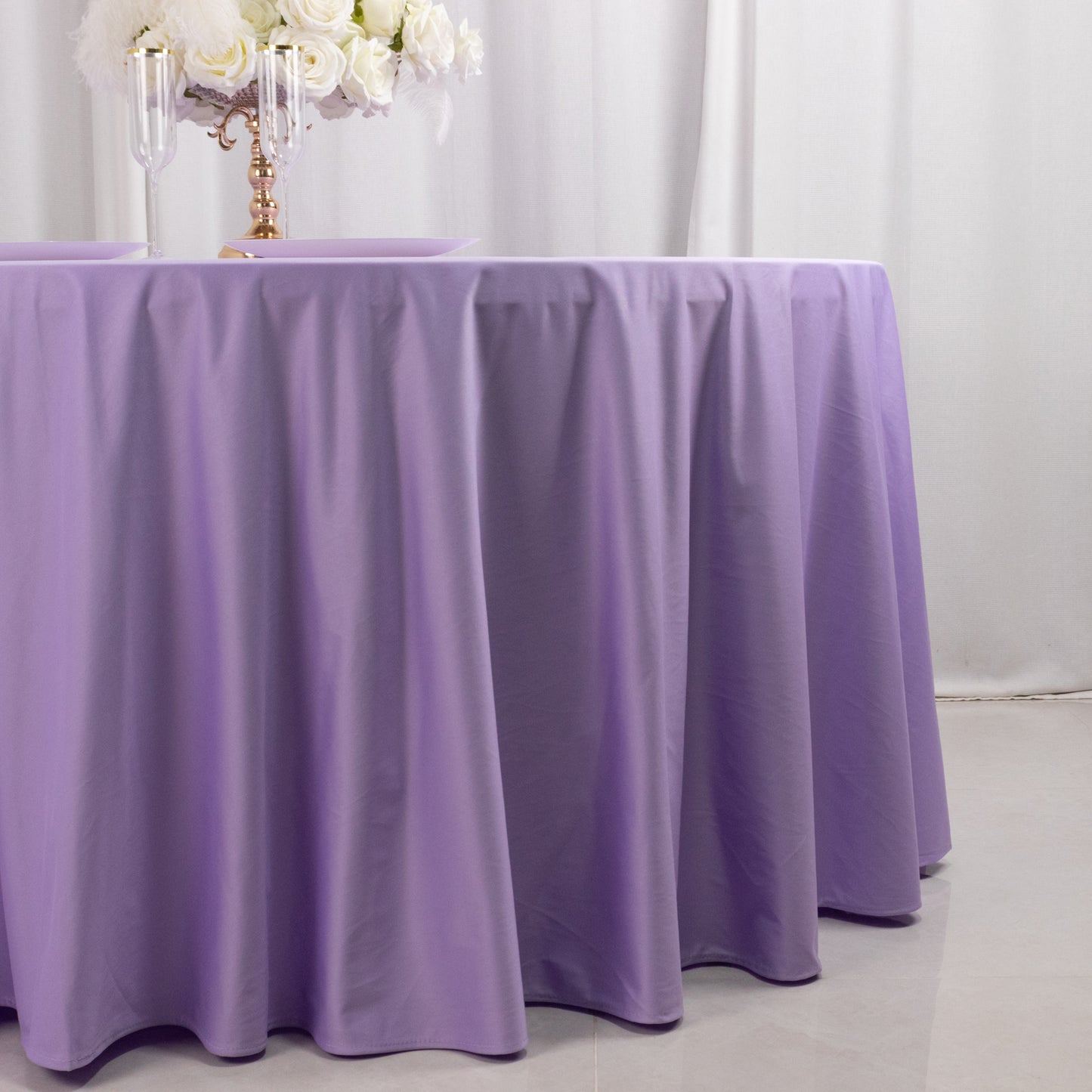 120" Lavender Scuba Wrinkle Free Round Tablecloth, Lilac Seamless Scuba Polyester Tablecloth for 5 Foot Table With Floor-Length Drop