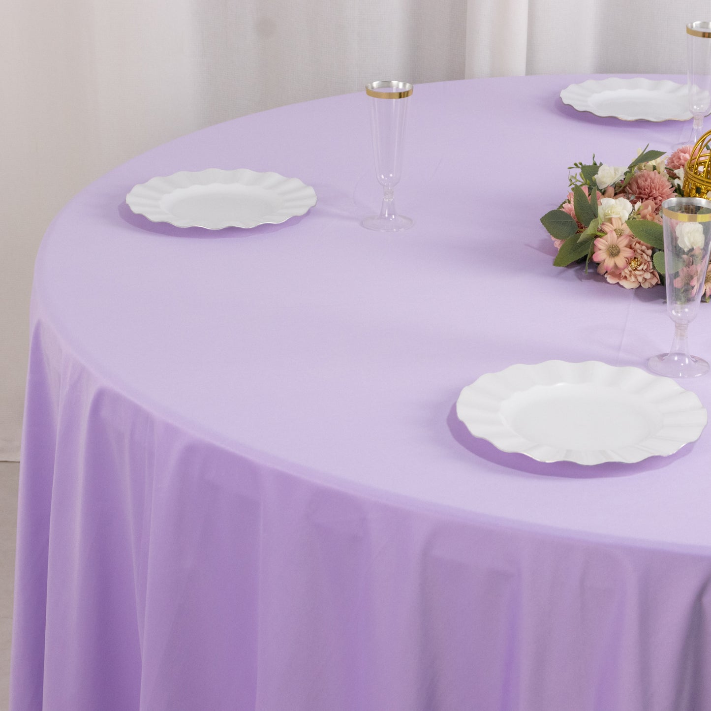 120" Lavender Scuba Wrinkle Free Round Tablecloth, Lilac Seamless Scuba Polyester Tablecloth for 5 Foot Table With Floor-Length Drop