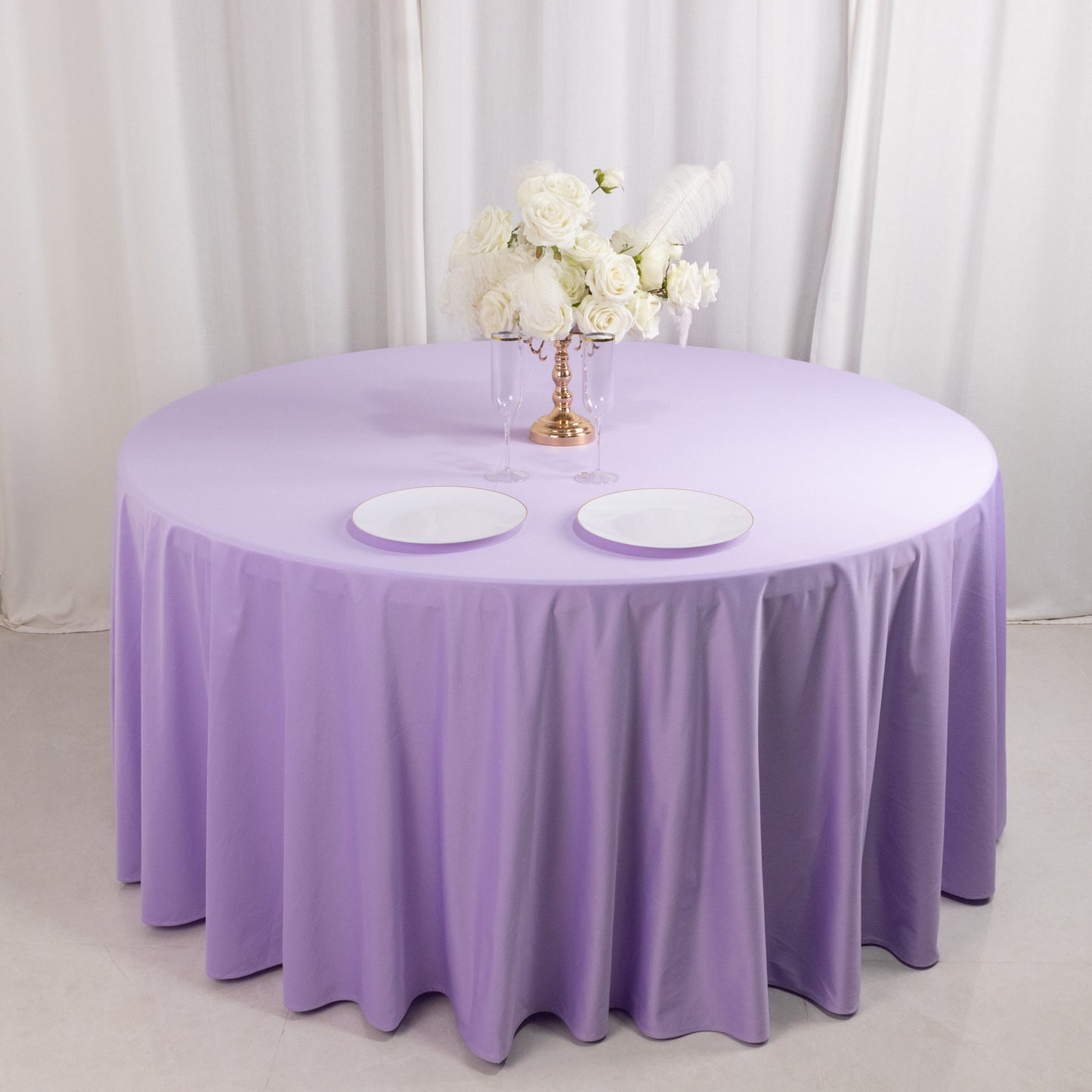 120" Lavender Scuba Wrinkle Free Round Tablecloth, Lilac Seamless Scuba Polyester Tablecloth for 5 Foot Table With Floor-Length Drop