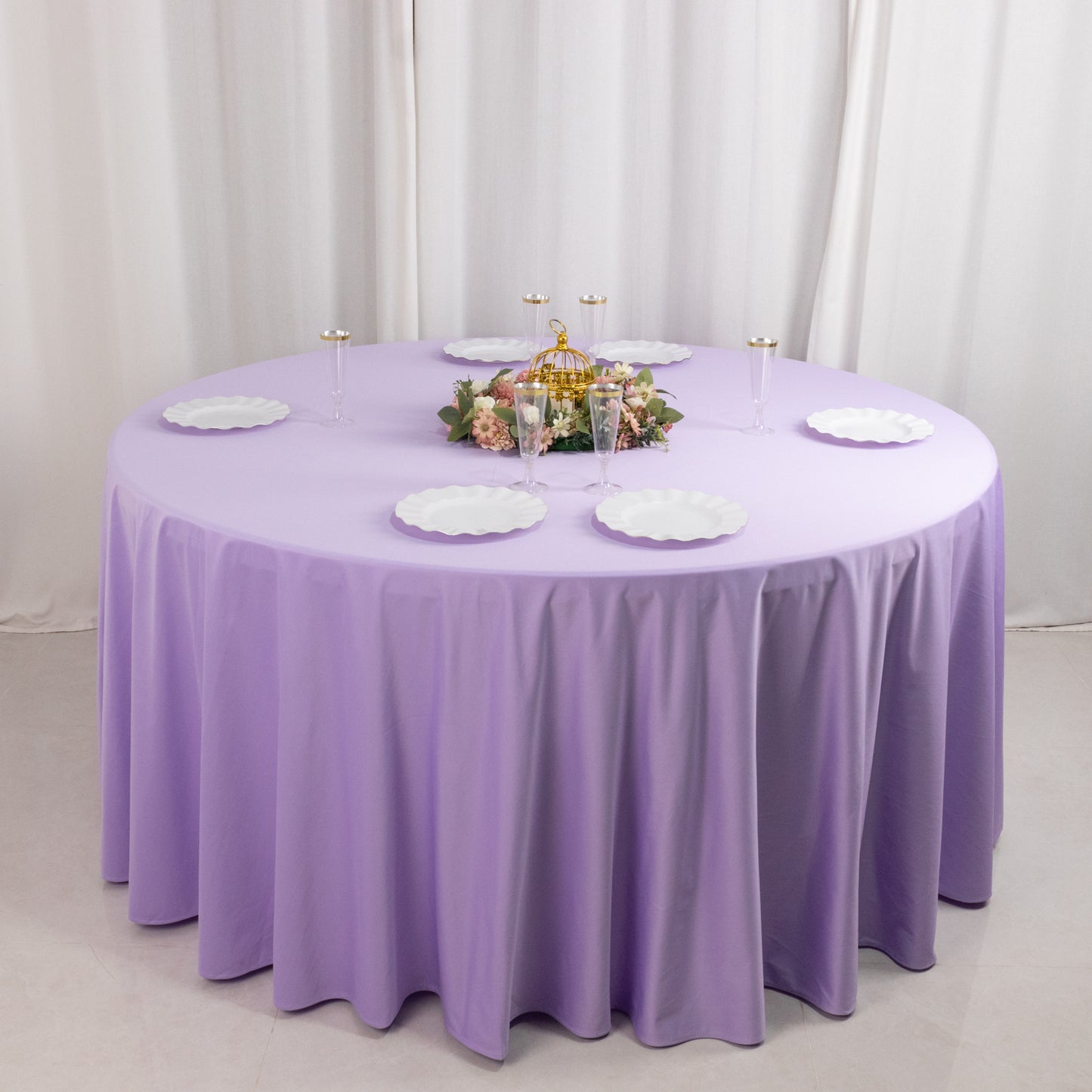 120" Lavender Scuba Wrinkle Free Round Tablecloth, Lilac Seamless Scuba Polyester Tablecloth for 5 Foot Table With Floor-Length Drop