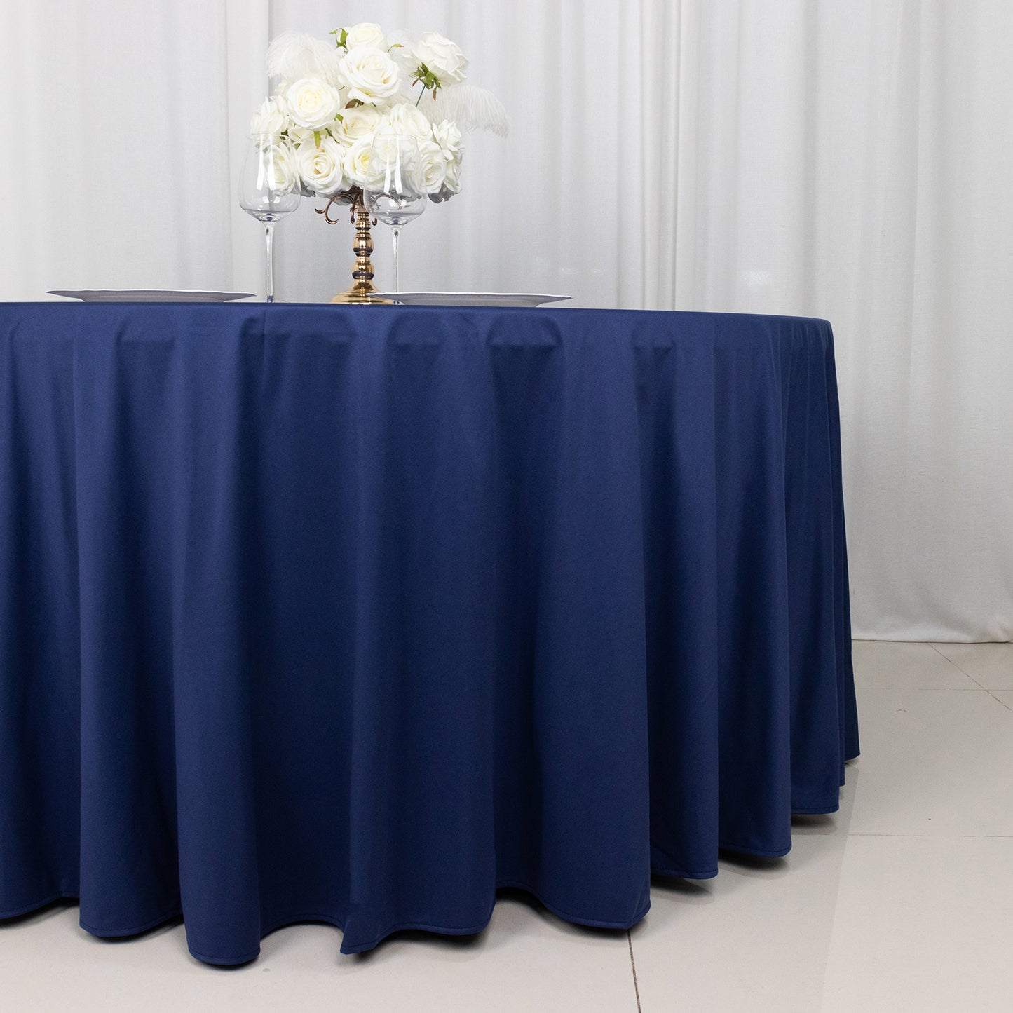 120" Navy Blue Premium Scuba Wrinkle Free Round Tablecloth, Seamless Scuba Polyester Tablecloth