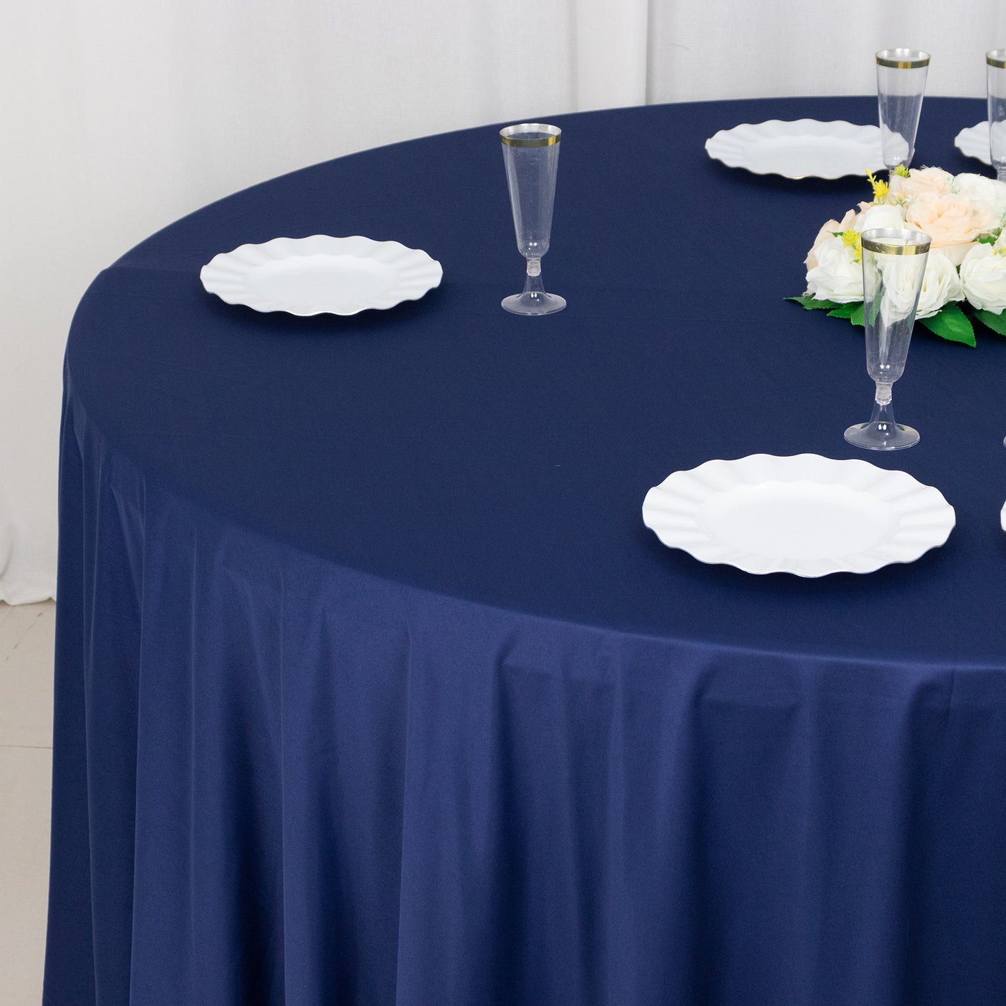 120" Navy Blue Premium Scuba Wrinkle Free Round Tablecloth, Seamless Scuba Polyester Tablecloth