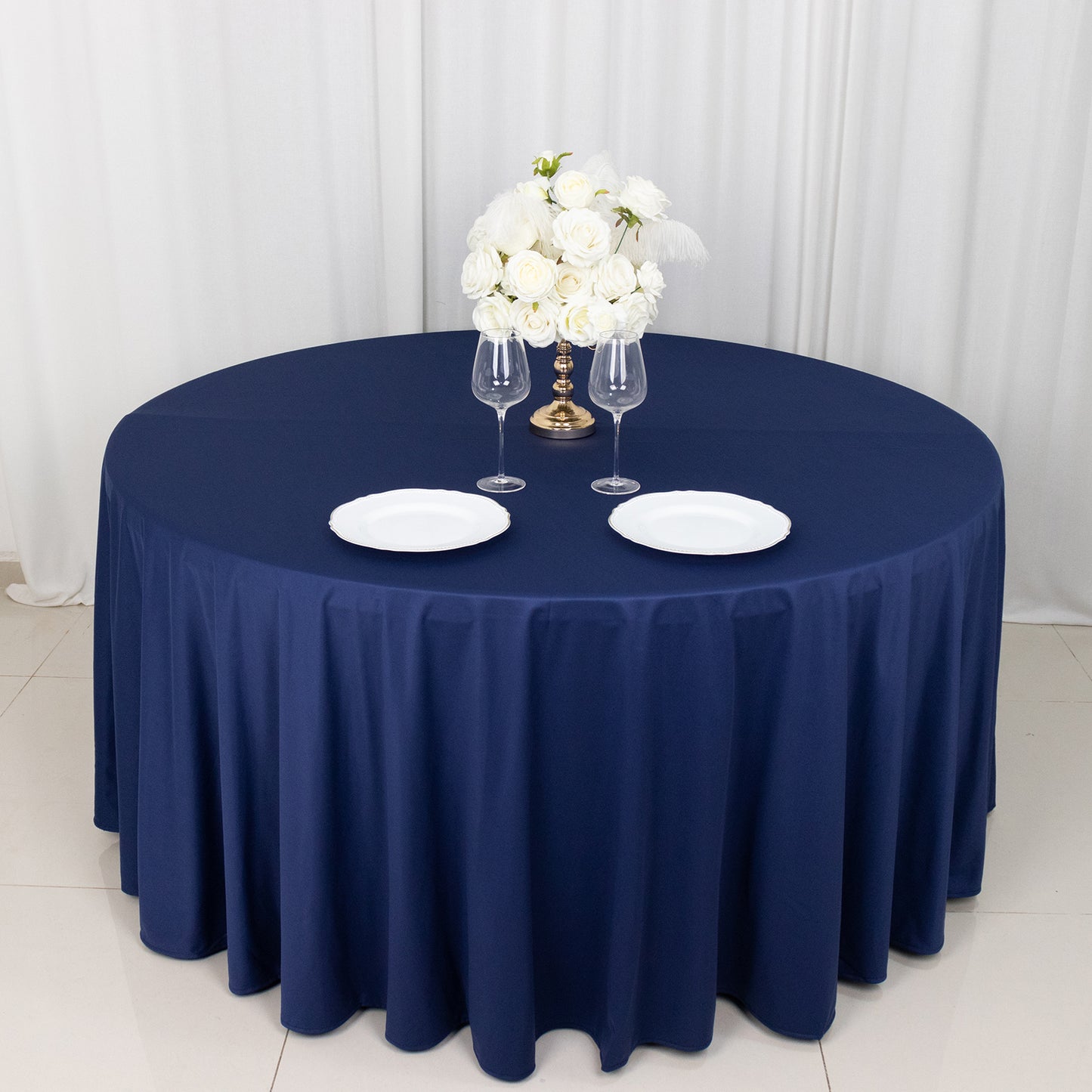 120" Navy Blue Premium Scuba Wrinkle Free Round Tablecloth, Seamless Scuba Polyester Tablecloth