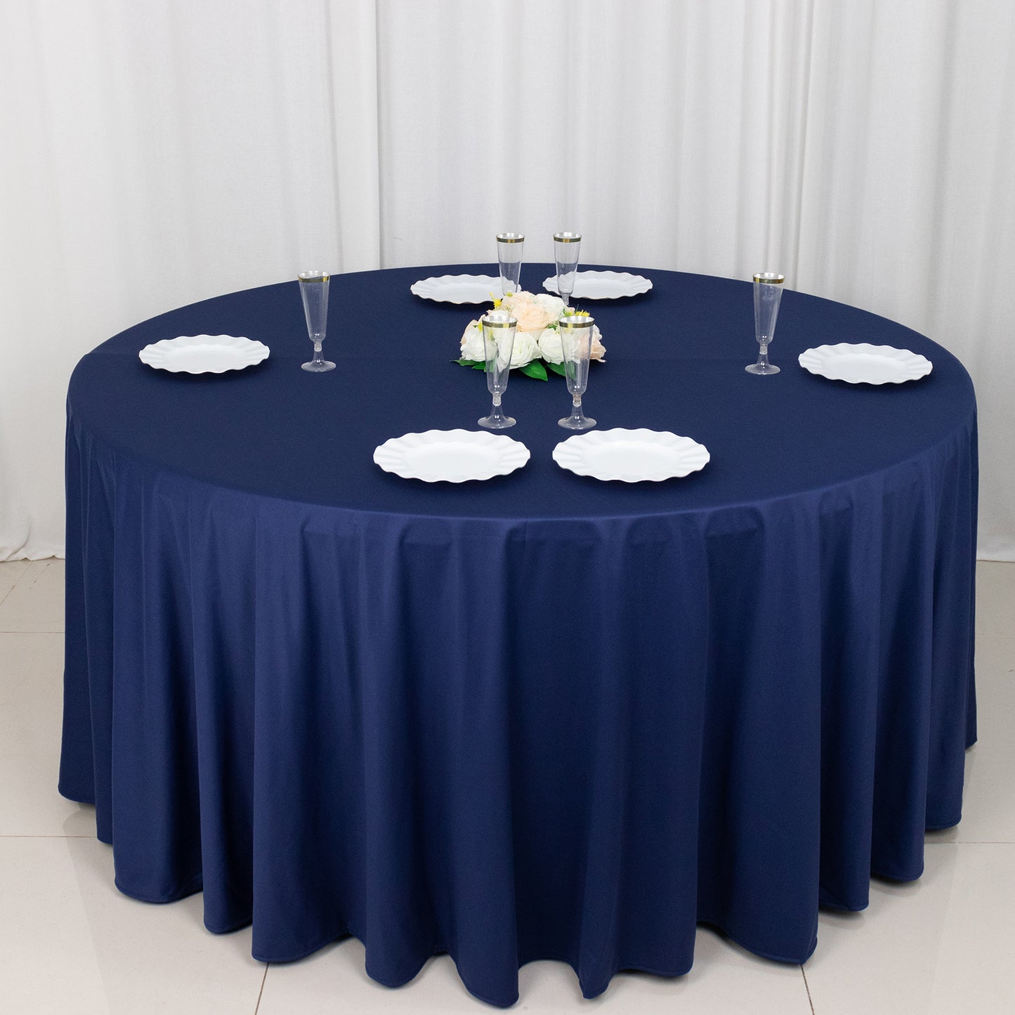 120" Navy Blue Premium Scuba Wrinkle Free Round Tablecloth, Seamless Scuba Polyester Tablecloth