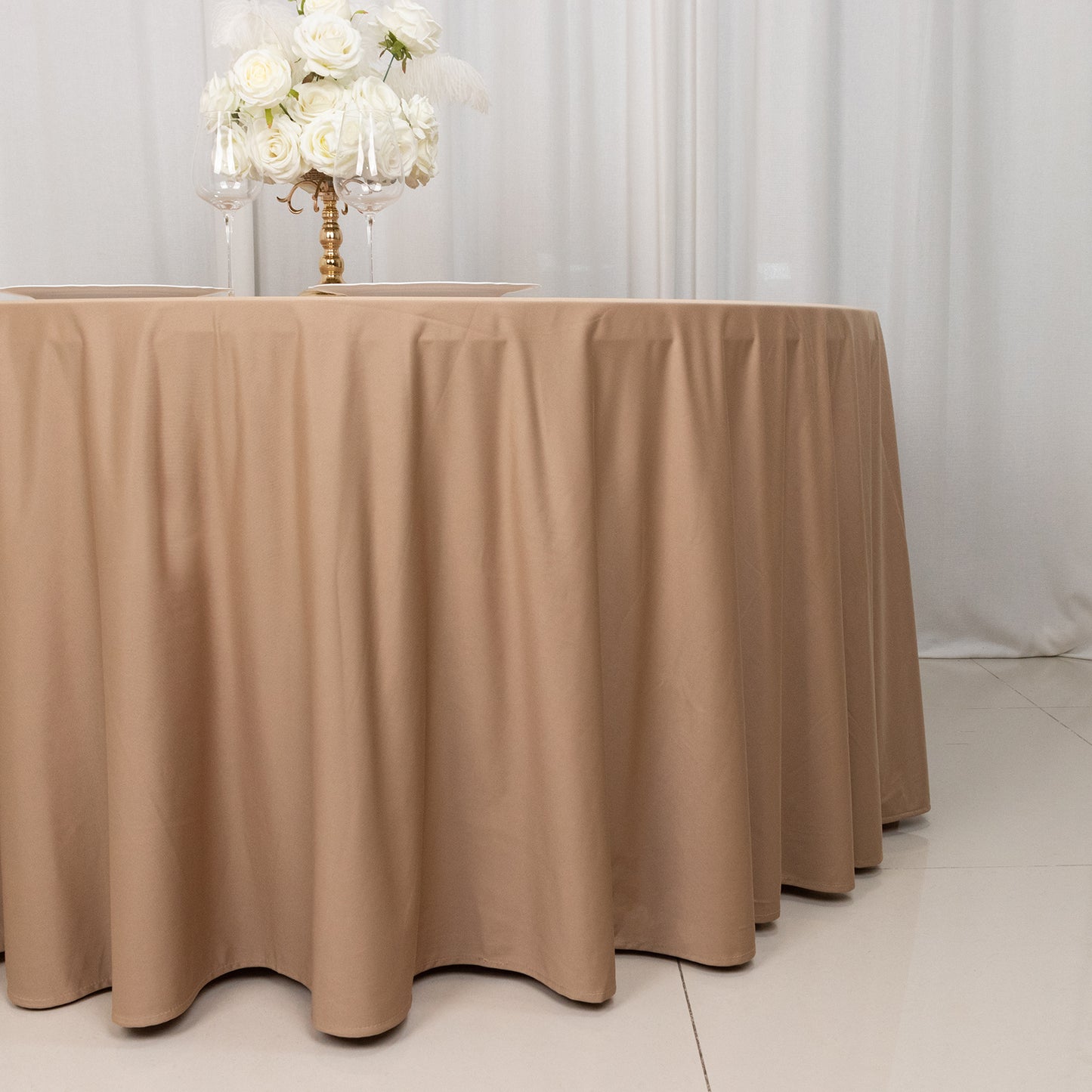 120" Nude Premium Scuba Wrinkle Free Round Tablecloth, Seamless Scuba Polyester Tablecloth