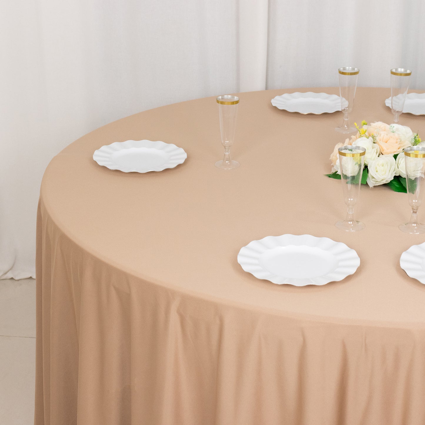 120" Nude Premium Scuba Wrinkle Free Round Tablecloth, Seamless Scuba Polyester Tablecloth