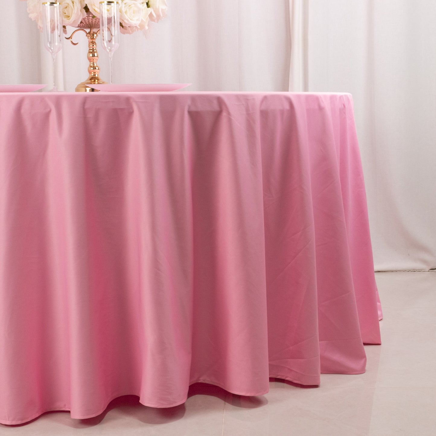 120" Pink Scuba Wrinkle Free Round Tablecloth, Seamless Scuba Polyester Tablecloth for 5 Foot Table With Floor-Length Drop