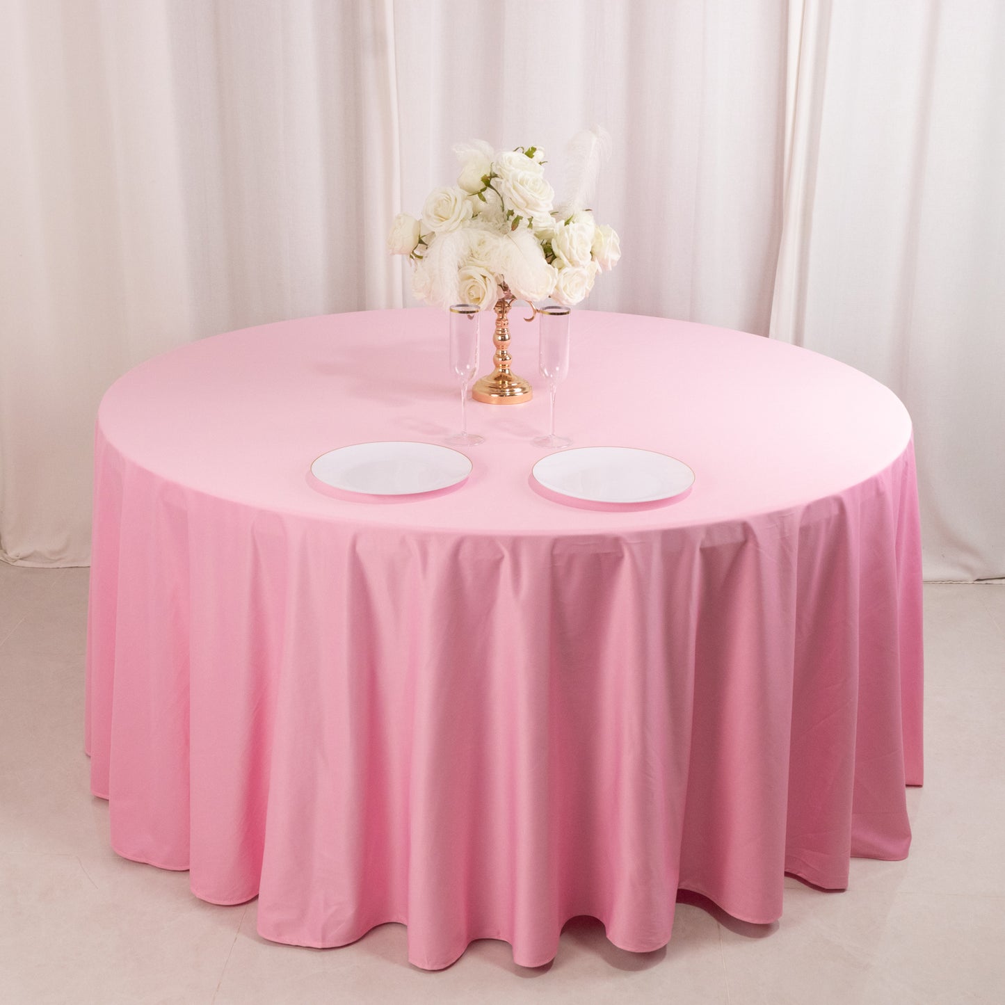 120" Pink Scuba Wrinkle Free Round Tablecloth, Seamless Scuba Polyester Tablecloth for 5 Foot Table With Floor-Length Drop