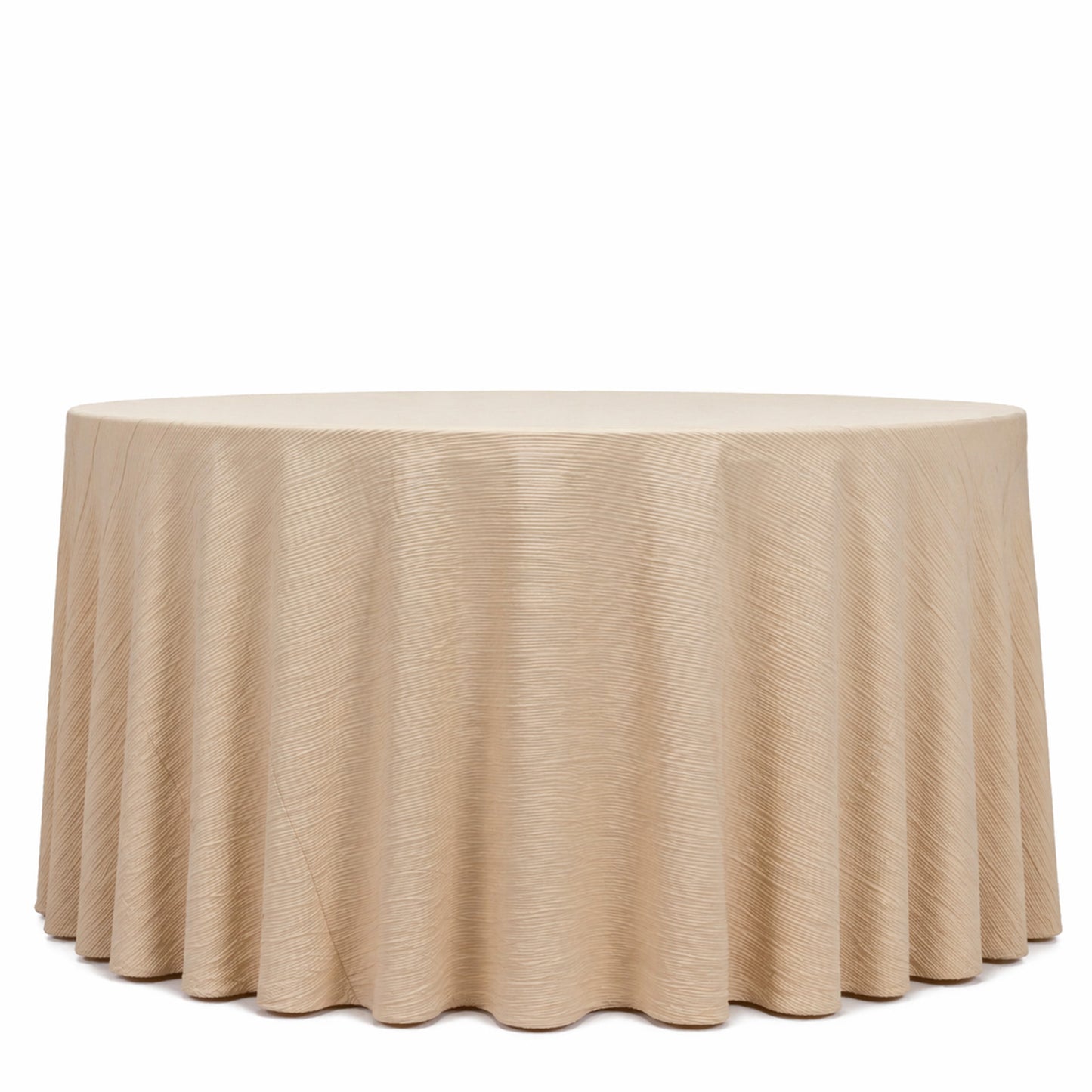 Beige accordion pleated tablecloth, 120" round, wrinkle free and stain resistant.