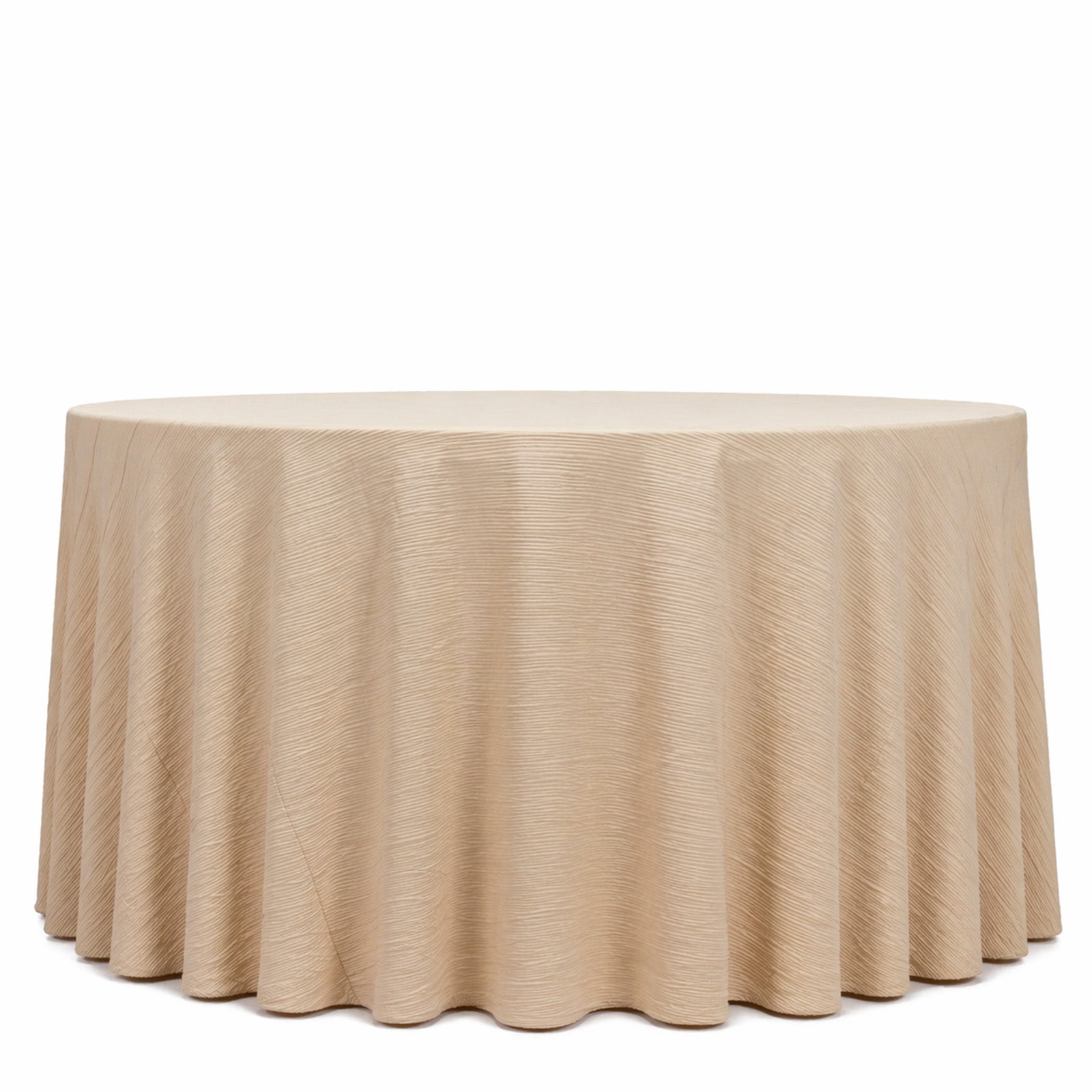 Beige accordion pleated tablecloth, 120" round, wrinkle free and stain resistant.