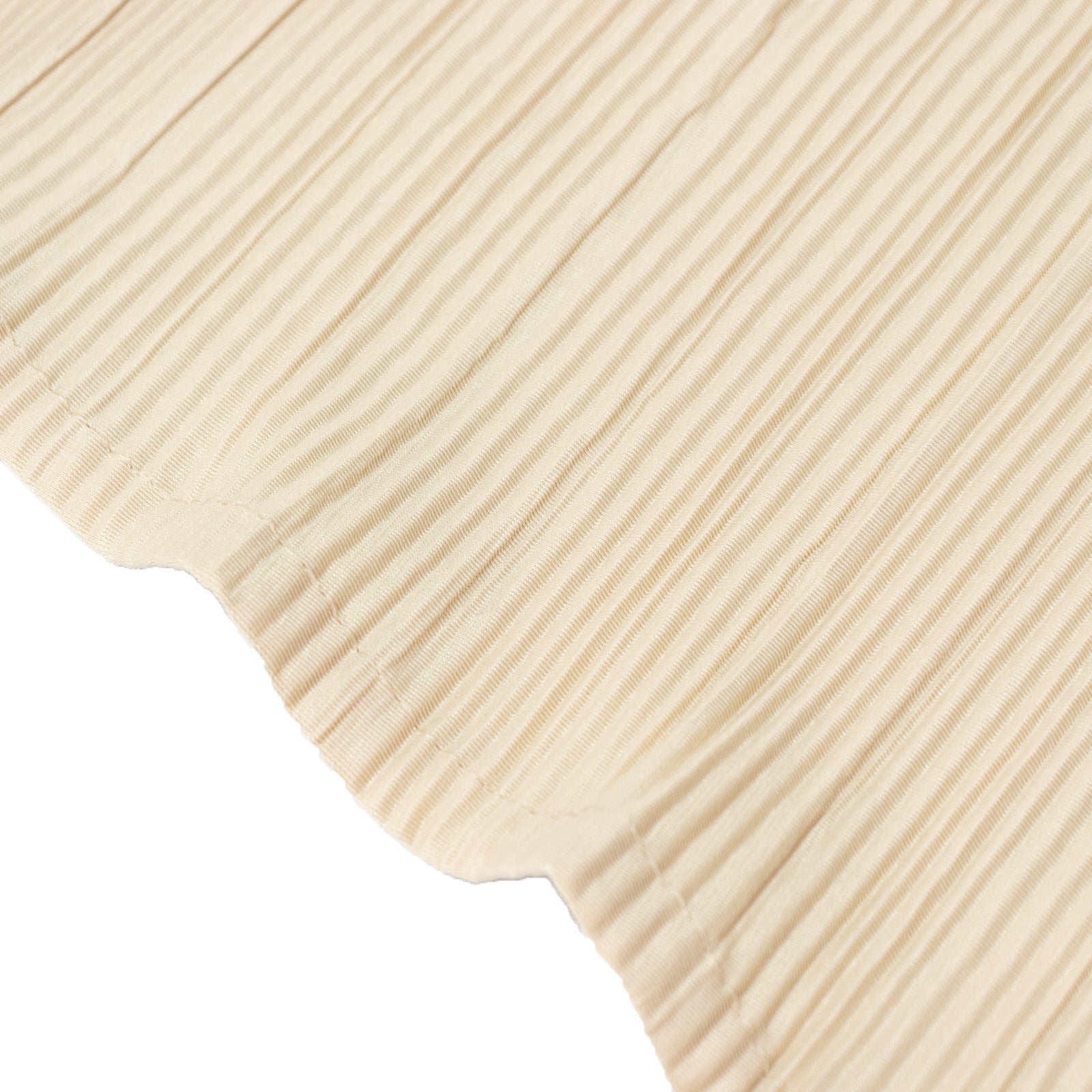 Beige accordion pleated scuba tablecloth, wrinkle-free and stain-resistant.