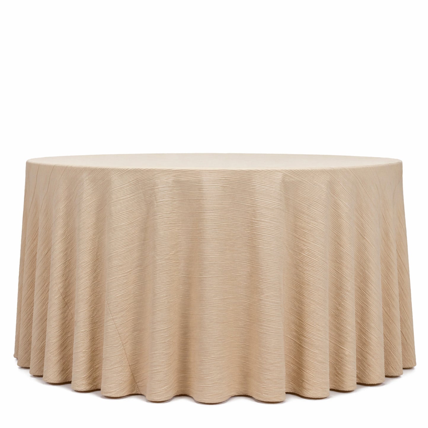 Beige accordion pleated scuba tablecloth, 120" round, wrinkle-free and stain-resistant.