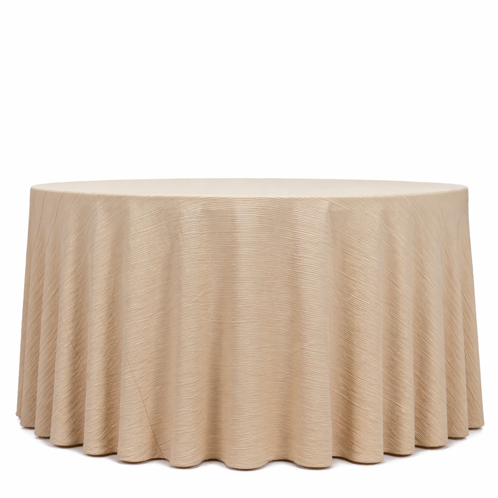 Beige accordion pleated scuba tablecloth, 120" round, wrinkle-free and stain-resistant.