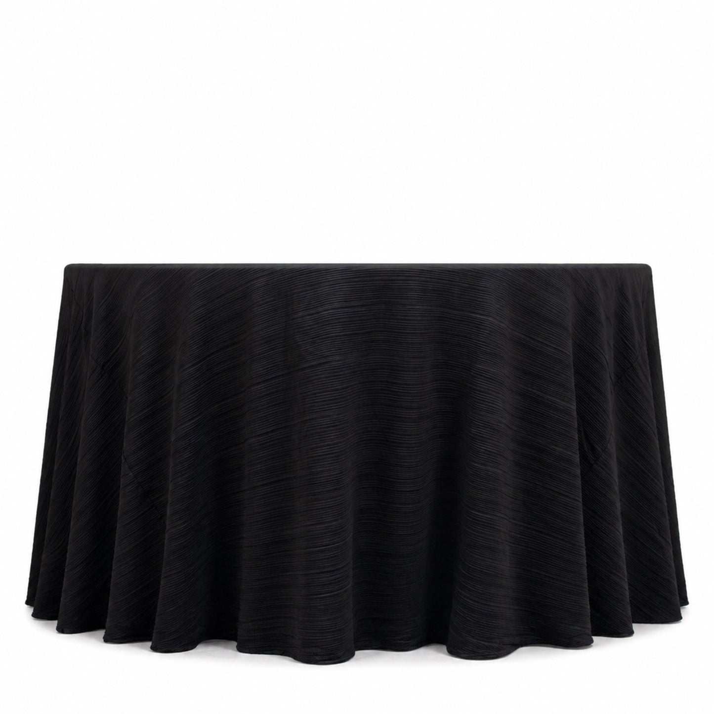 Black accordion pleated tablecloth, 120" round, wrinkle-free and stain-resistant.