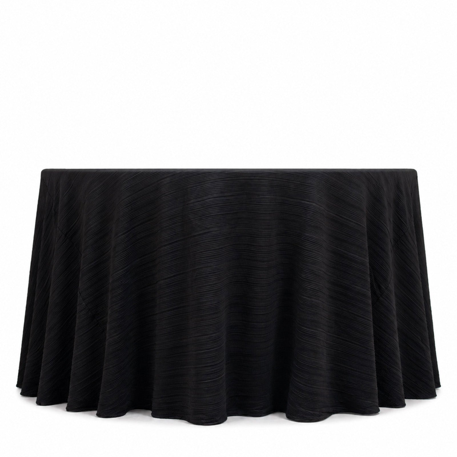 Black accordion pleated tablecloth, 120" round, wrinkle-free and stain-resistant.