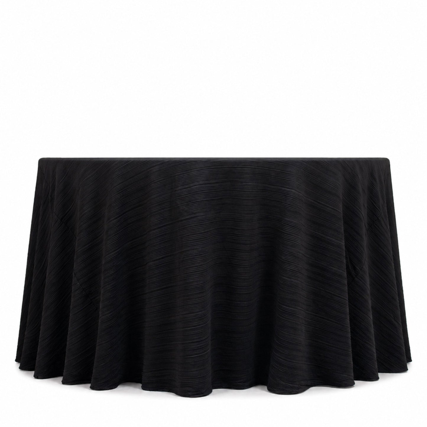 Black accordion pleated scuba tablecloth, 120" round, wrinkle-free and stain-resistant.
