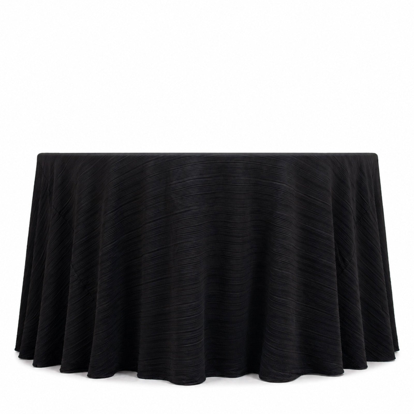 Black accordion pleated scuba tablecloth, 120" round, wrinkle-free and stain-resistant.