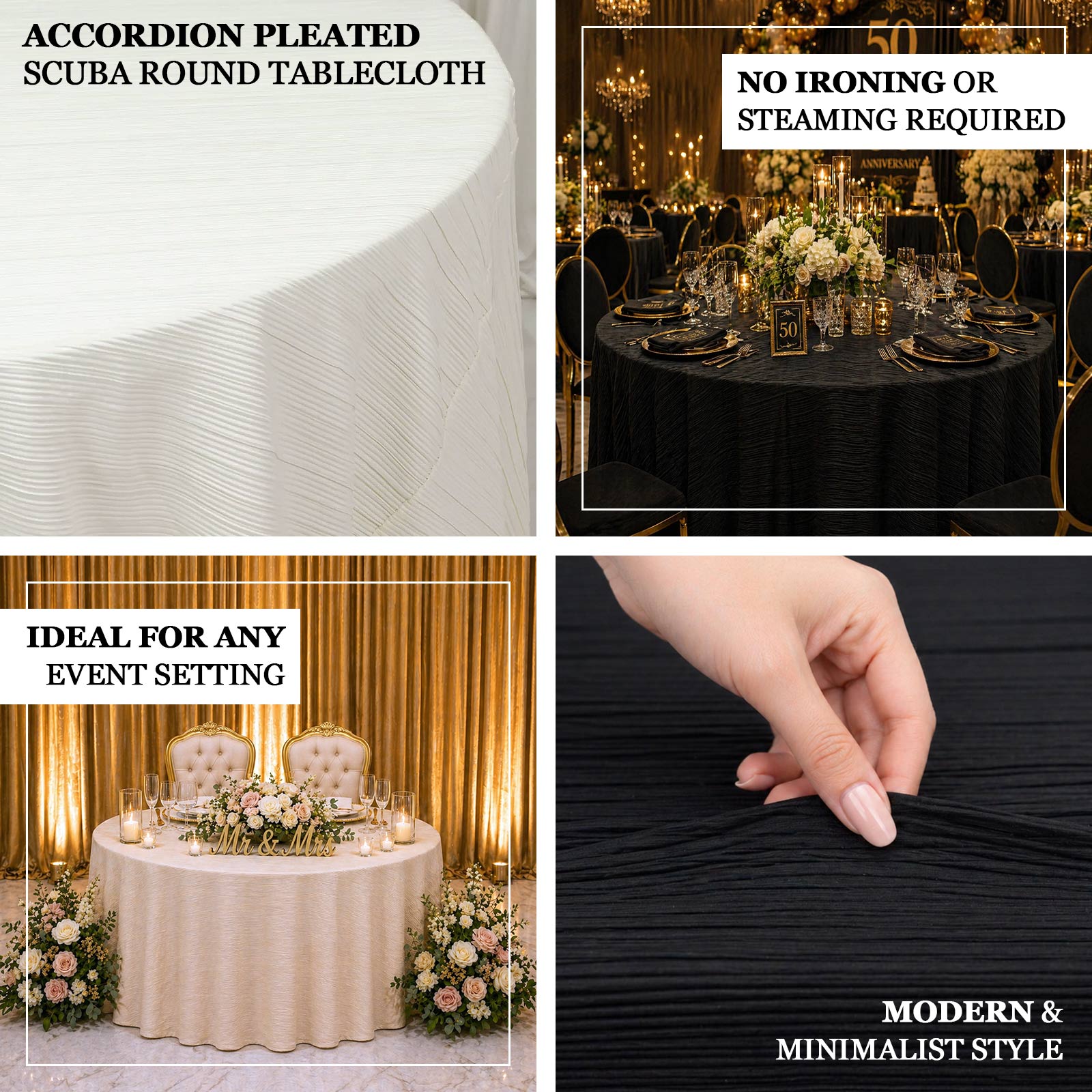 Black accordion pleated tablecloth, wrinkle-free and stain-resistant. Ideal for events.