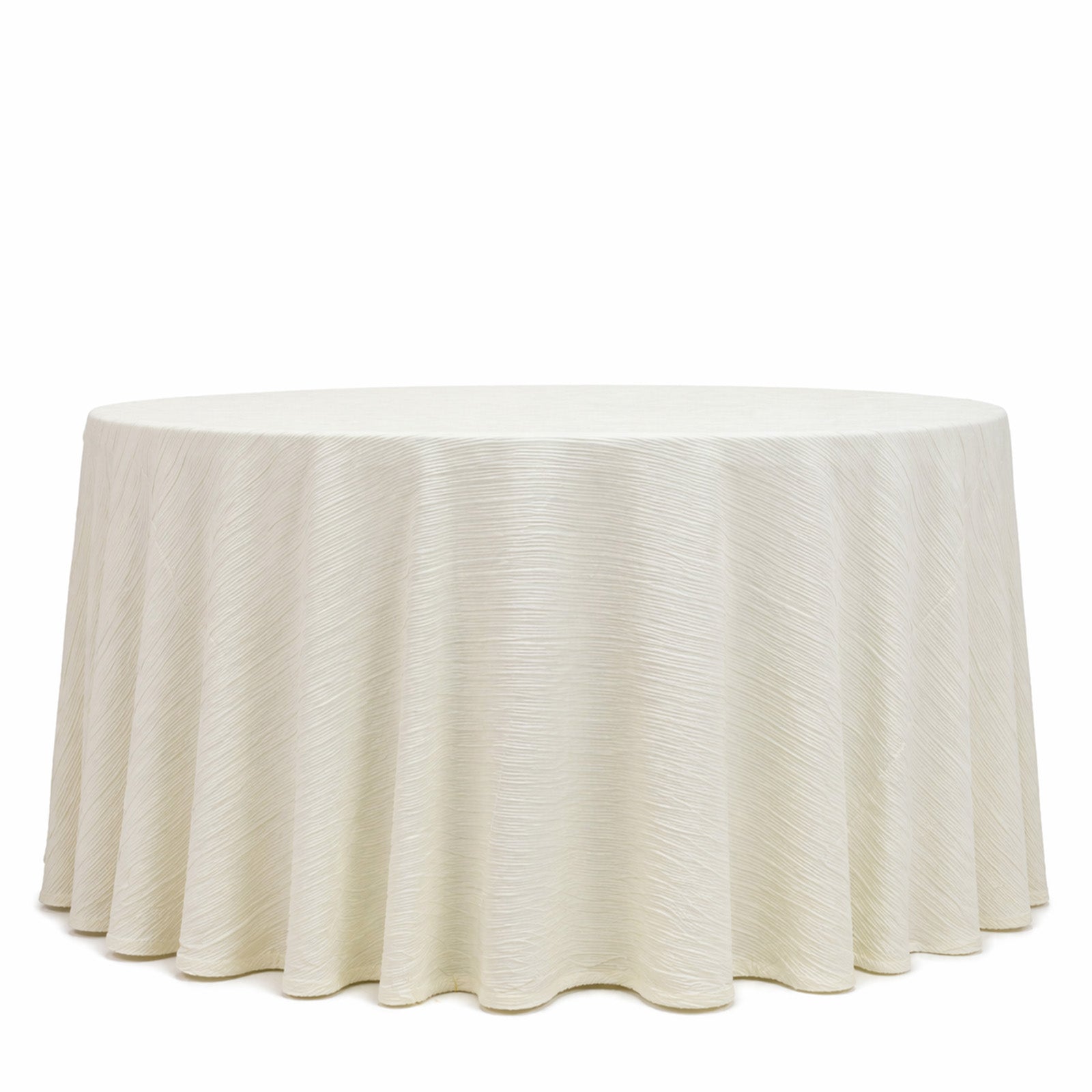 Ivory accordion pleated scuba tablecloth 120" round, wrinkle free and stain resistant.