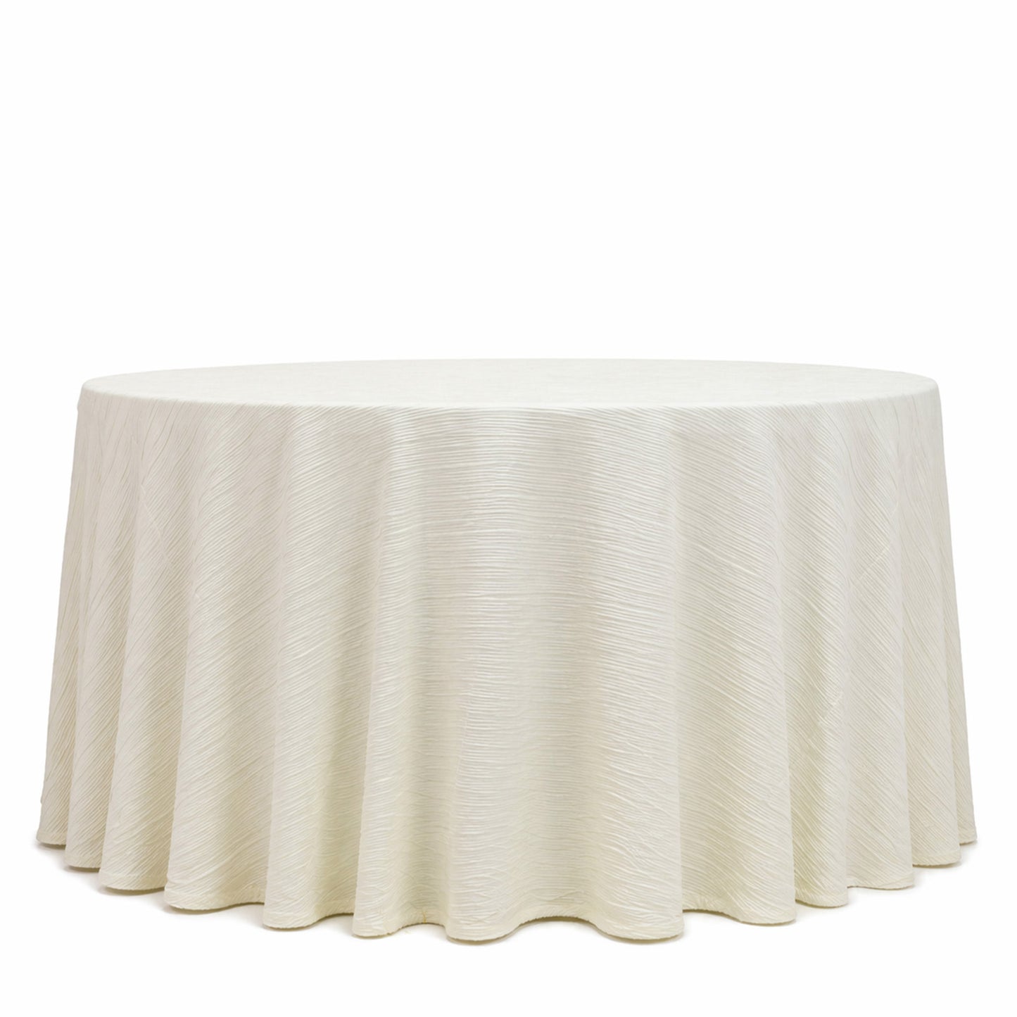 Ivory accordion pleated scuba tablecloth, 120" round, wrinkle-free and stain-resistant.