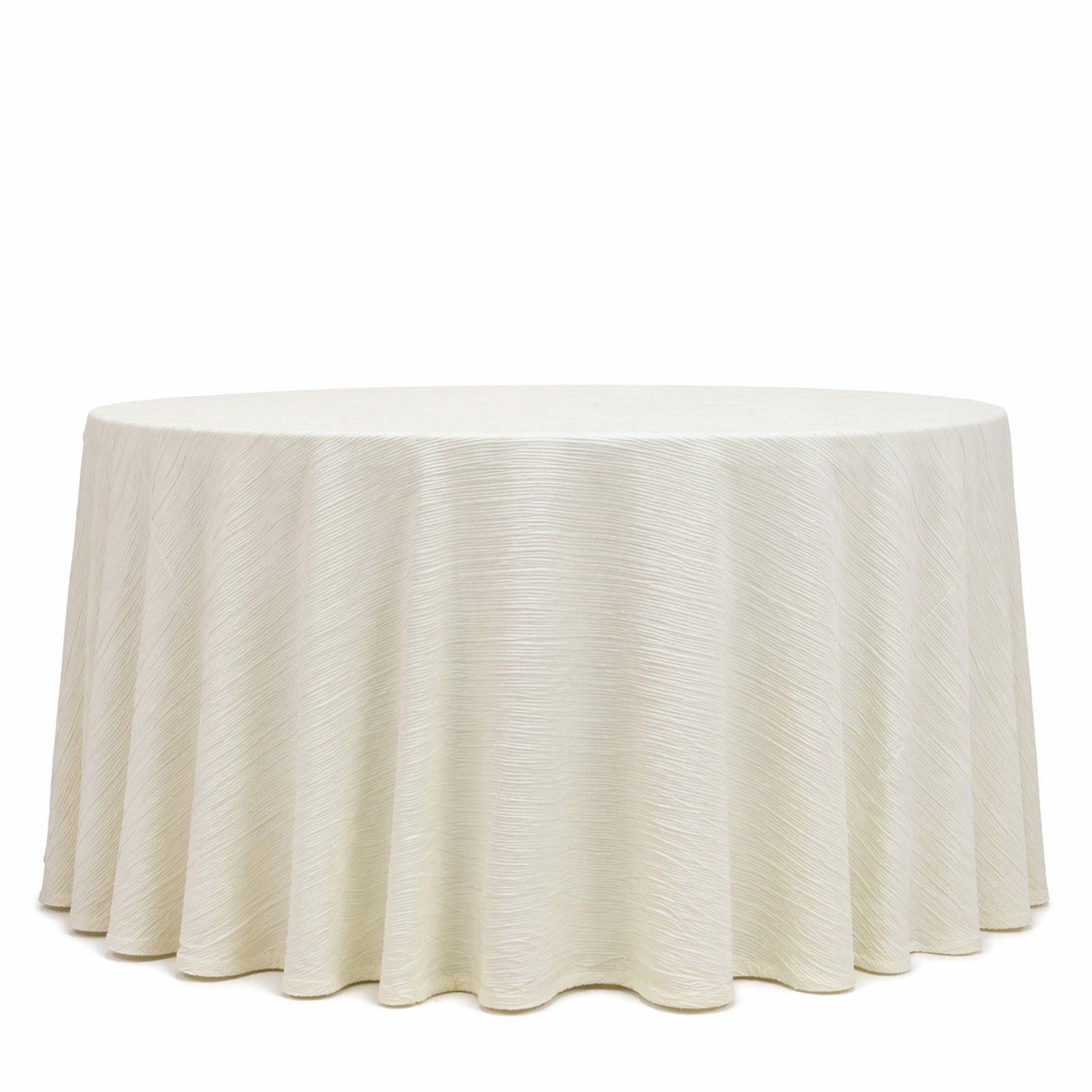 Ivory accordion pleated scuba tablecloth, 120" round, wrinkle-free and stain-resistant.