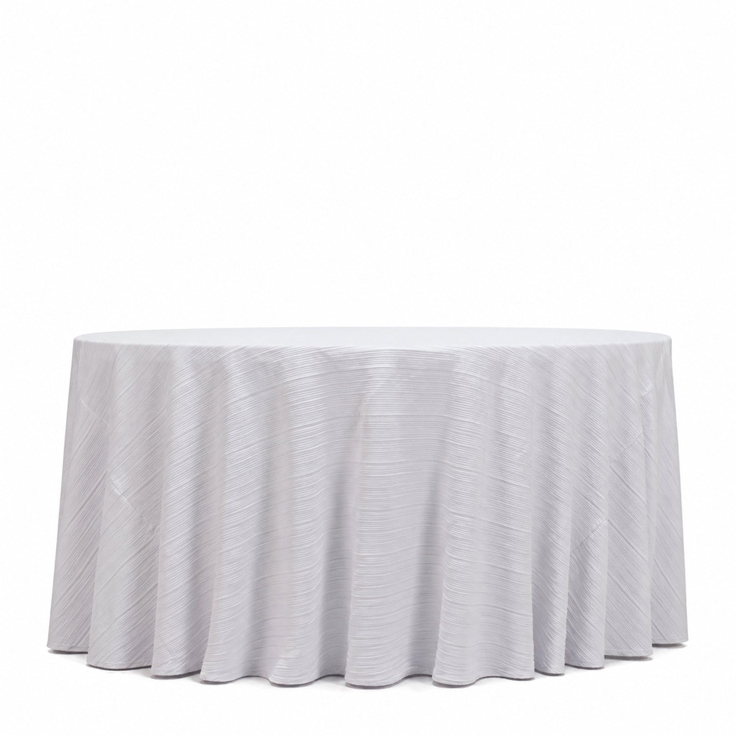White accordion pleated tablecloth 120" round, wrinkle-free and stain-resistant.