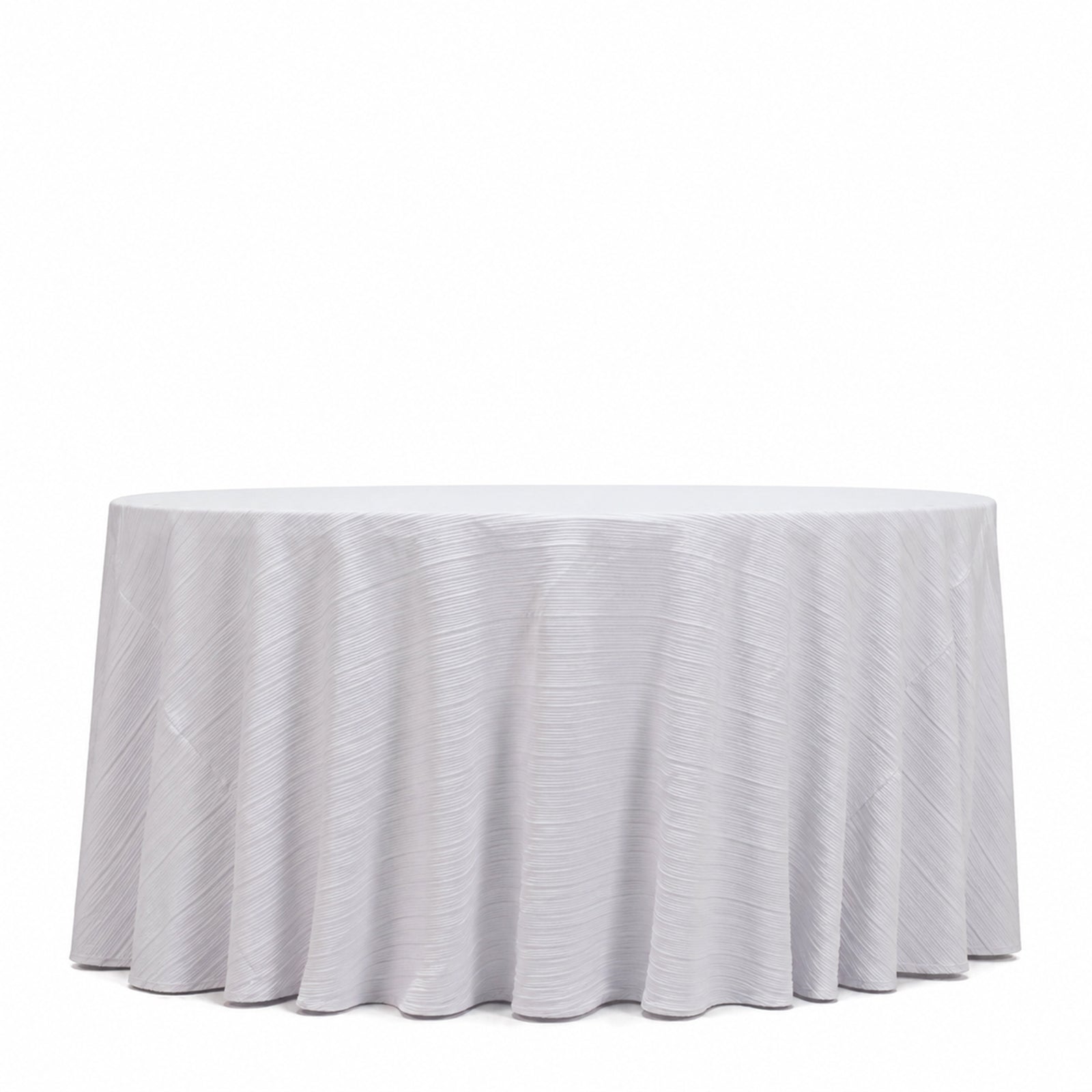 White accordion pleated tablecloth 120" round, wrinkle-free and stain-resistant.