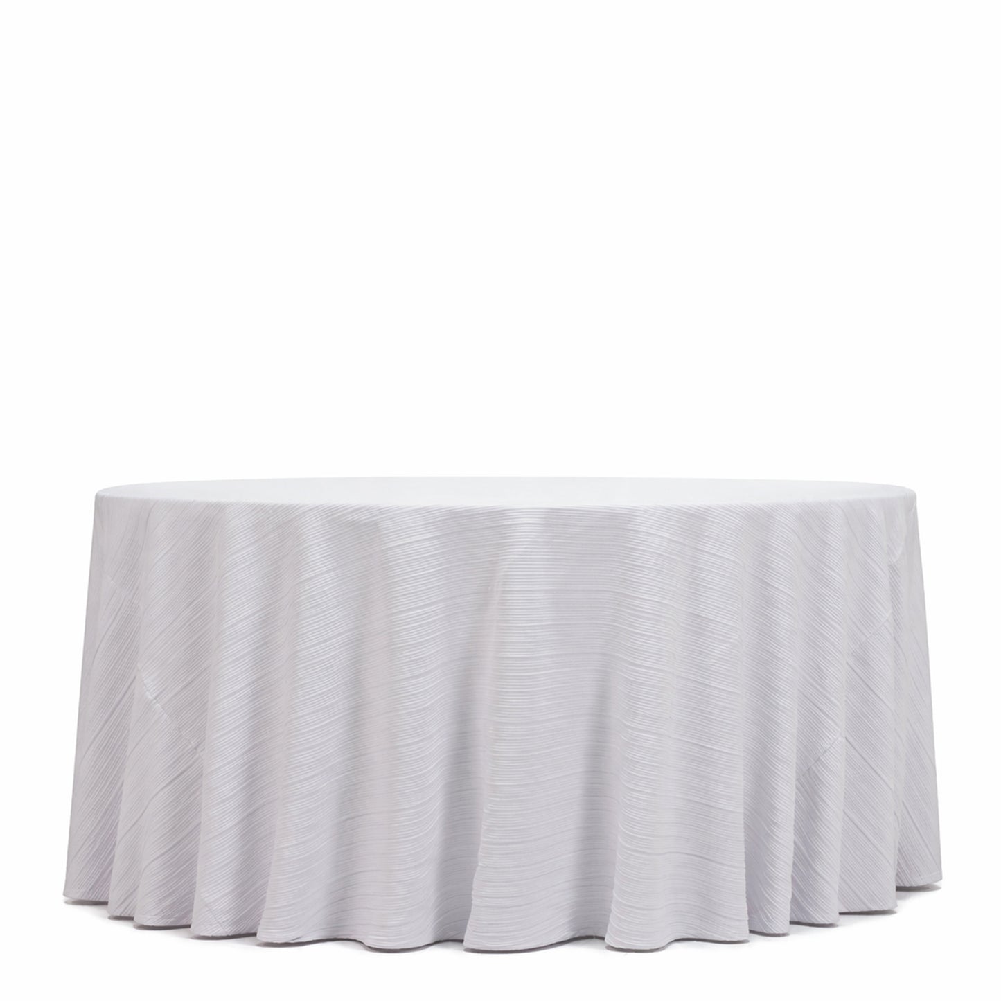 White accordion pleated scuba tablecloth 120" round, wrinkle-free and stain-resistant.